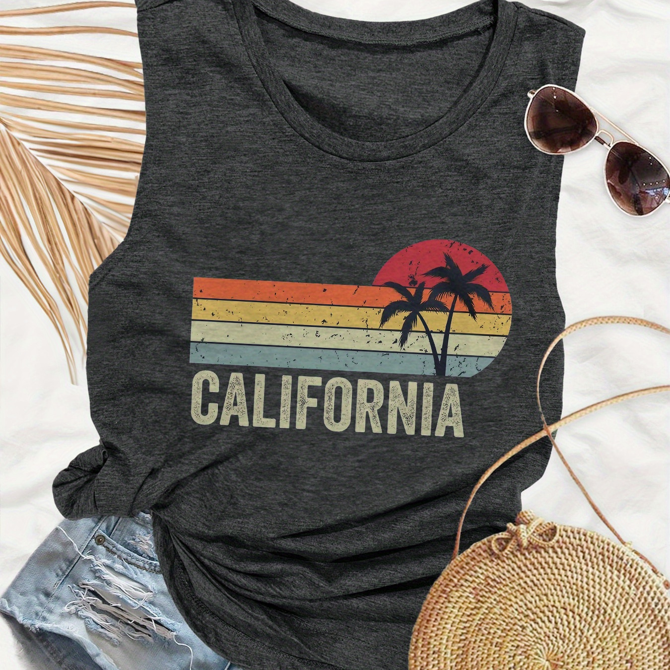 

California Print Crew Neck Tank Top, Sleeveless Casual Top For Summer & Spring, Women's Clothing