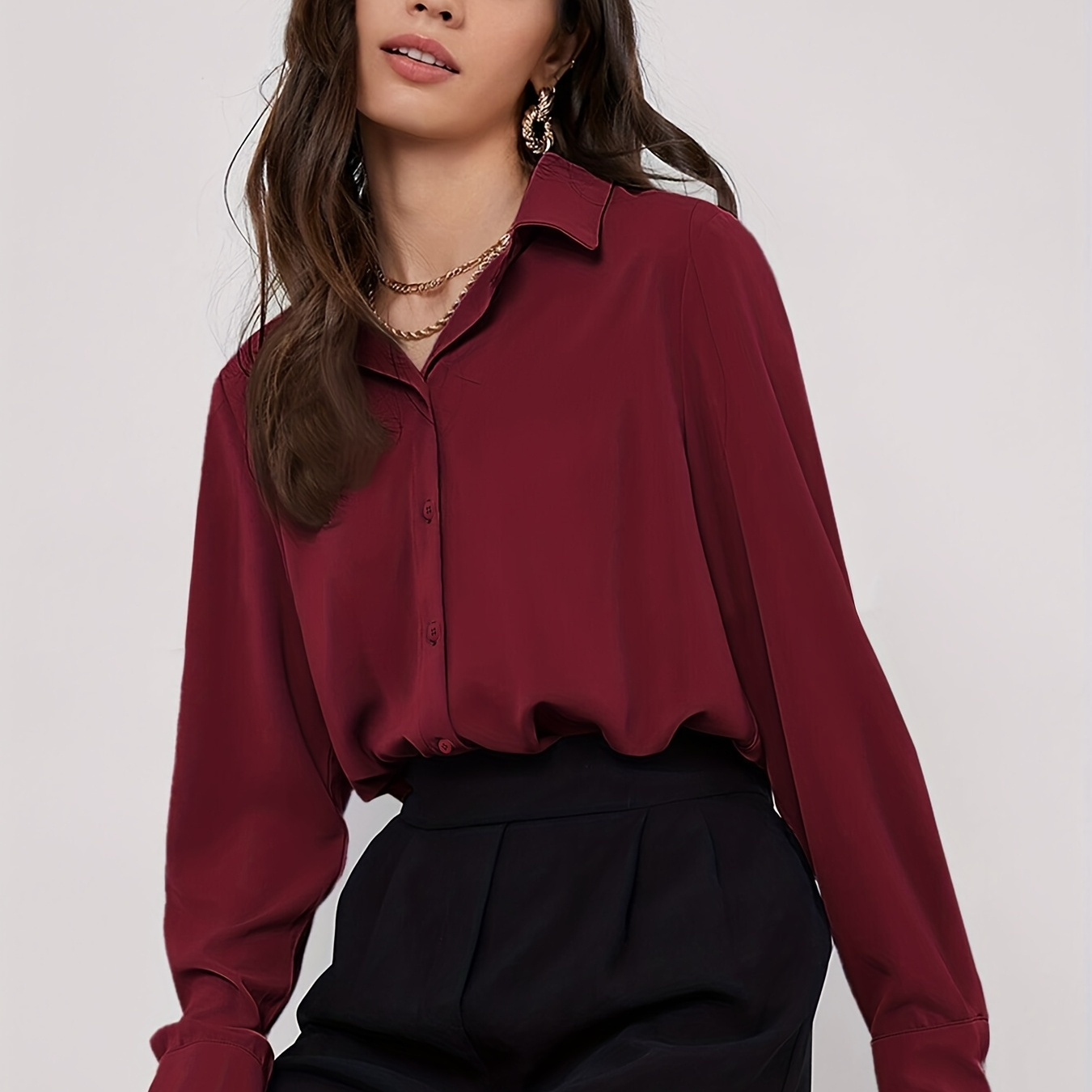 

Elegant Button-up Blouse For Women - Long Sleeve, Curved Hem, Polyester , Machine Washable, Ideal For Work Or Casual Wear