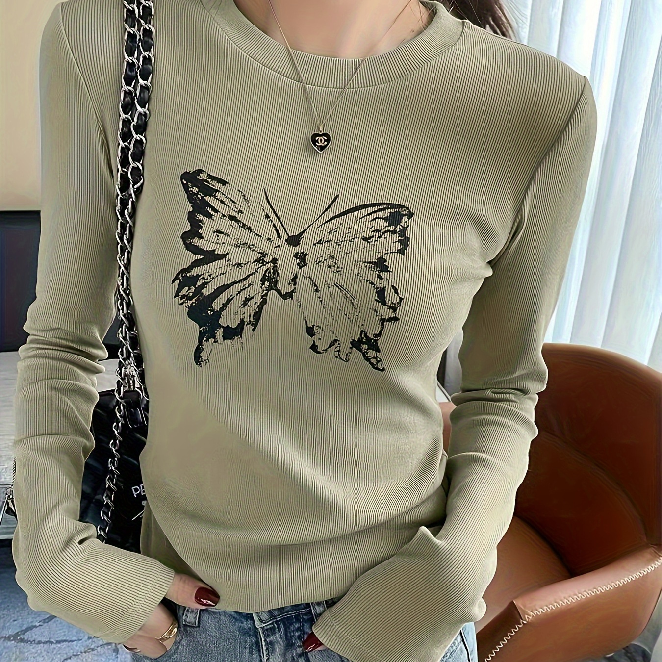

Butterfly Print Crew Neck T-shirt, Y2k Long Sleeve Top For Spring & Fall, Women's Clothing