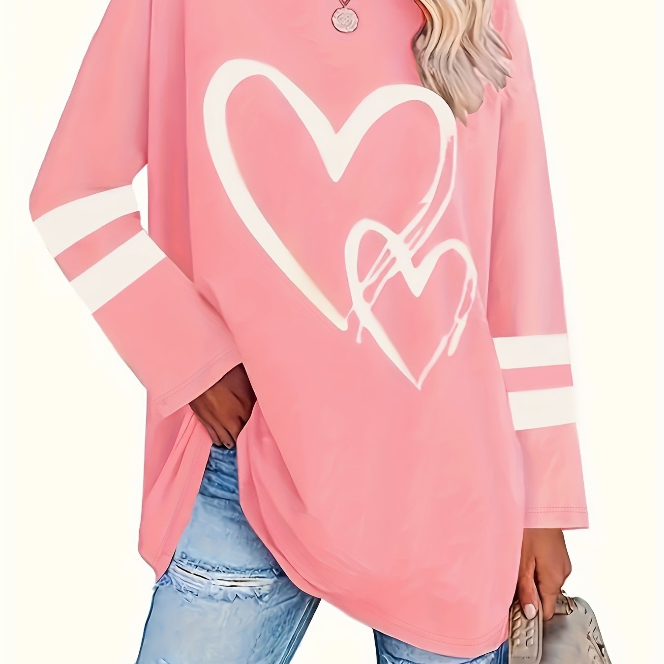 

Plus Size Heart Print T-shirt, Casual Crew Neck Long Sleeve T-shirt, Women's Plus Size clothing