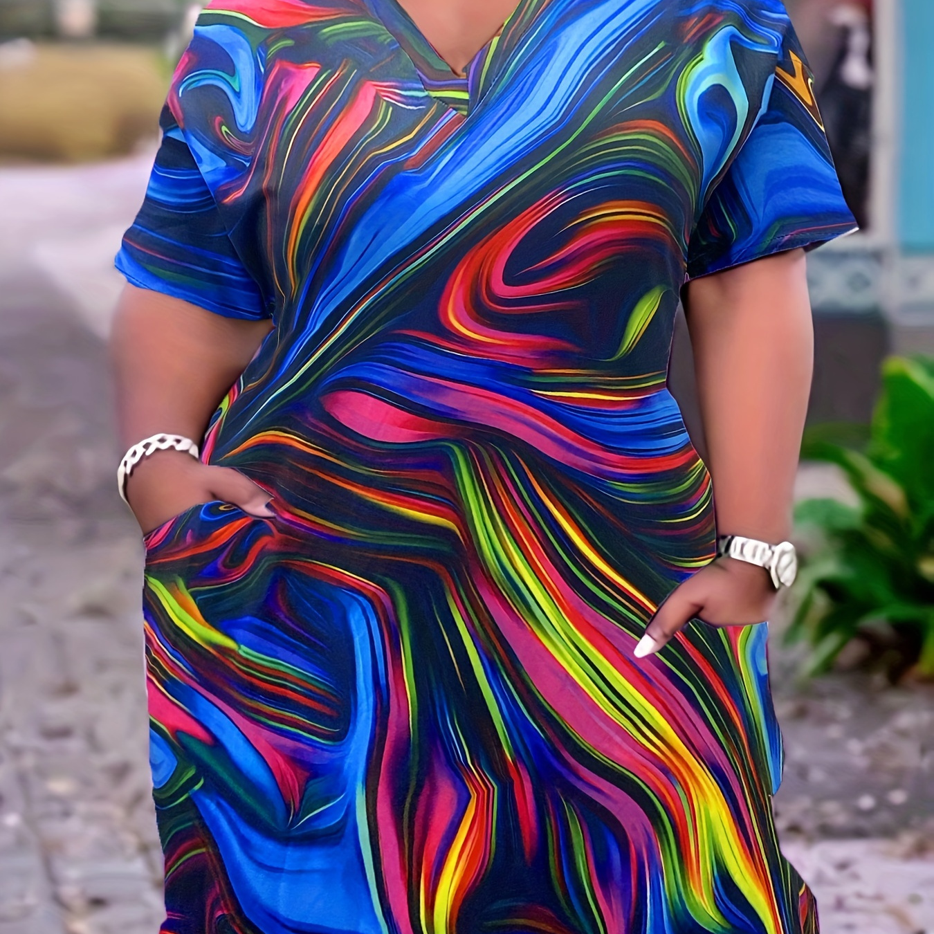 

Plus Size Casual Dress, Women's Plus Painting Print Short Sleeve V Neck Slight Stretch Dress With Pockets