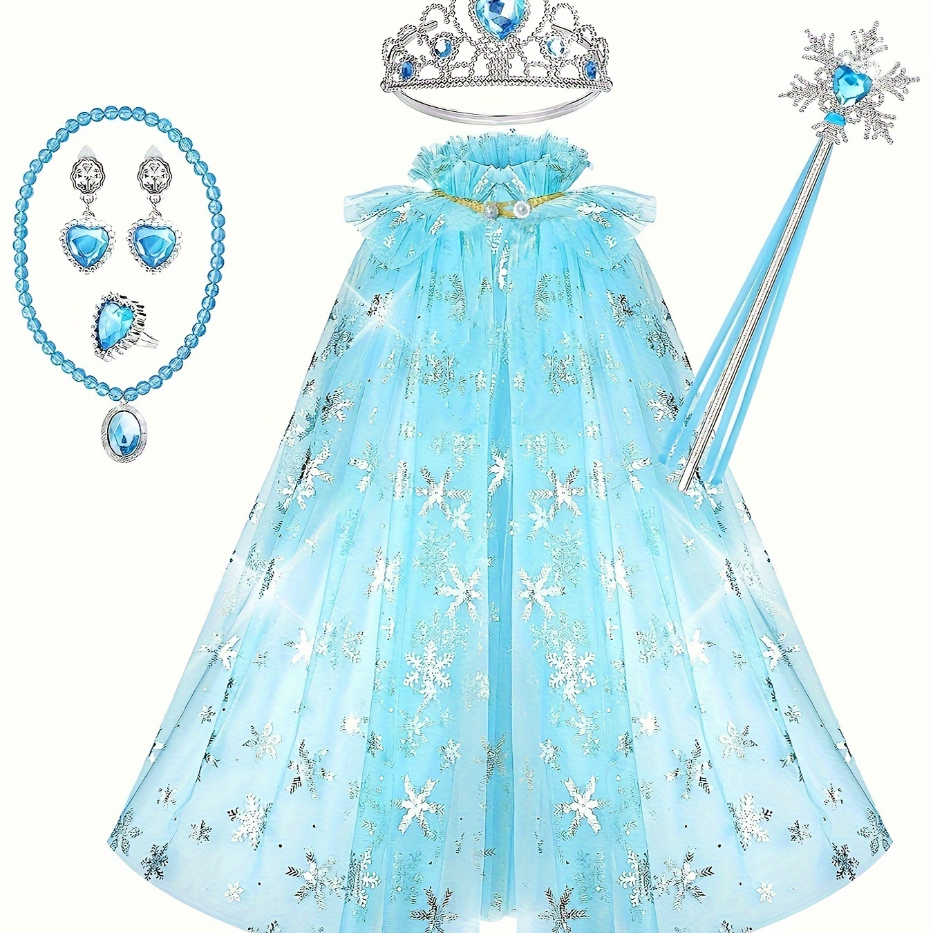 

7pcs Gorgeous Girls Snowflake Decor Cloak With Accessories Set For Party Performance Carnival Gift Halloween 3-8y