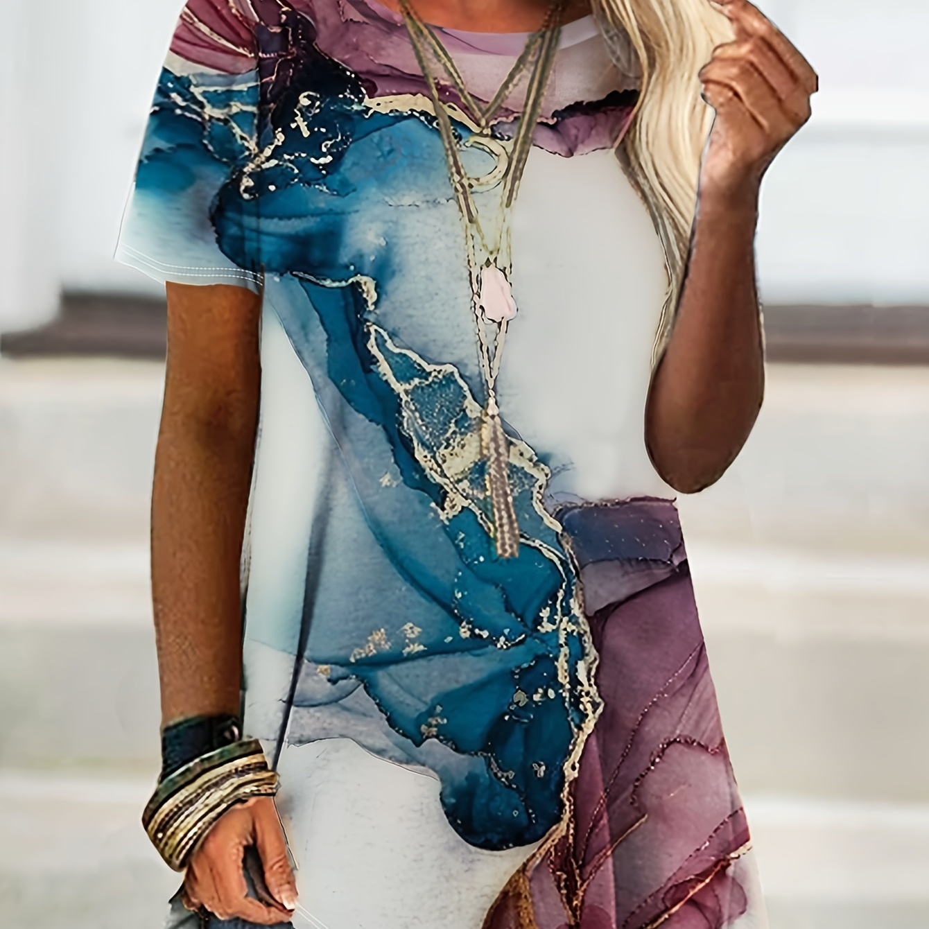 TEMU Women's Casual Short Sleeve T-shirt - Artistic Floral Print, Relaxed Fit, Machine Washable, Spring Summer Fall Versatile Top, Casual Attire Durable Print Shirt, Ladies T Shirts