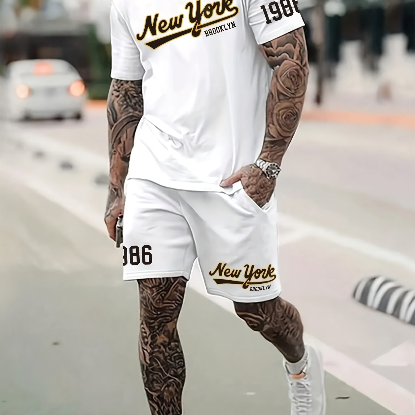 

Men's Outfit, New York Graphic Print Casual Crew Neck Short Sleeve T-shirt & Shorts 2-piece Set For Summer Outdoor Activities