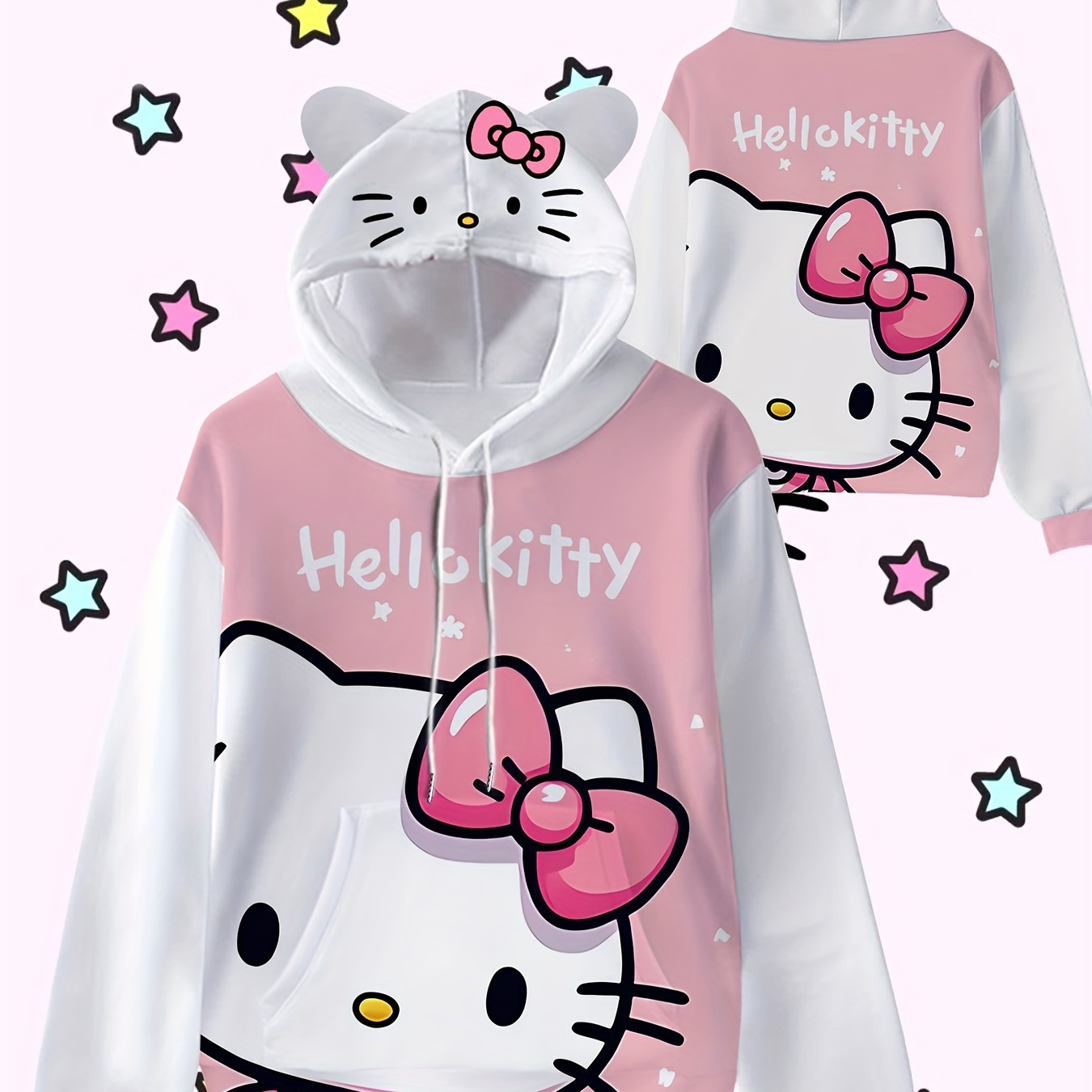 

Hello Kitty Hoodie - Cute 3d Printed Ear Hooded Sweatshirt, Long Sleeve Pullover Casual Wear, Girls Cartoon Fashion Pullover, Trendy Casual Long-sleeved Hoodie