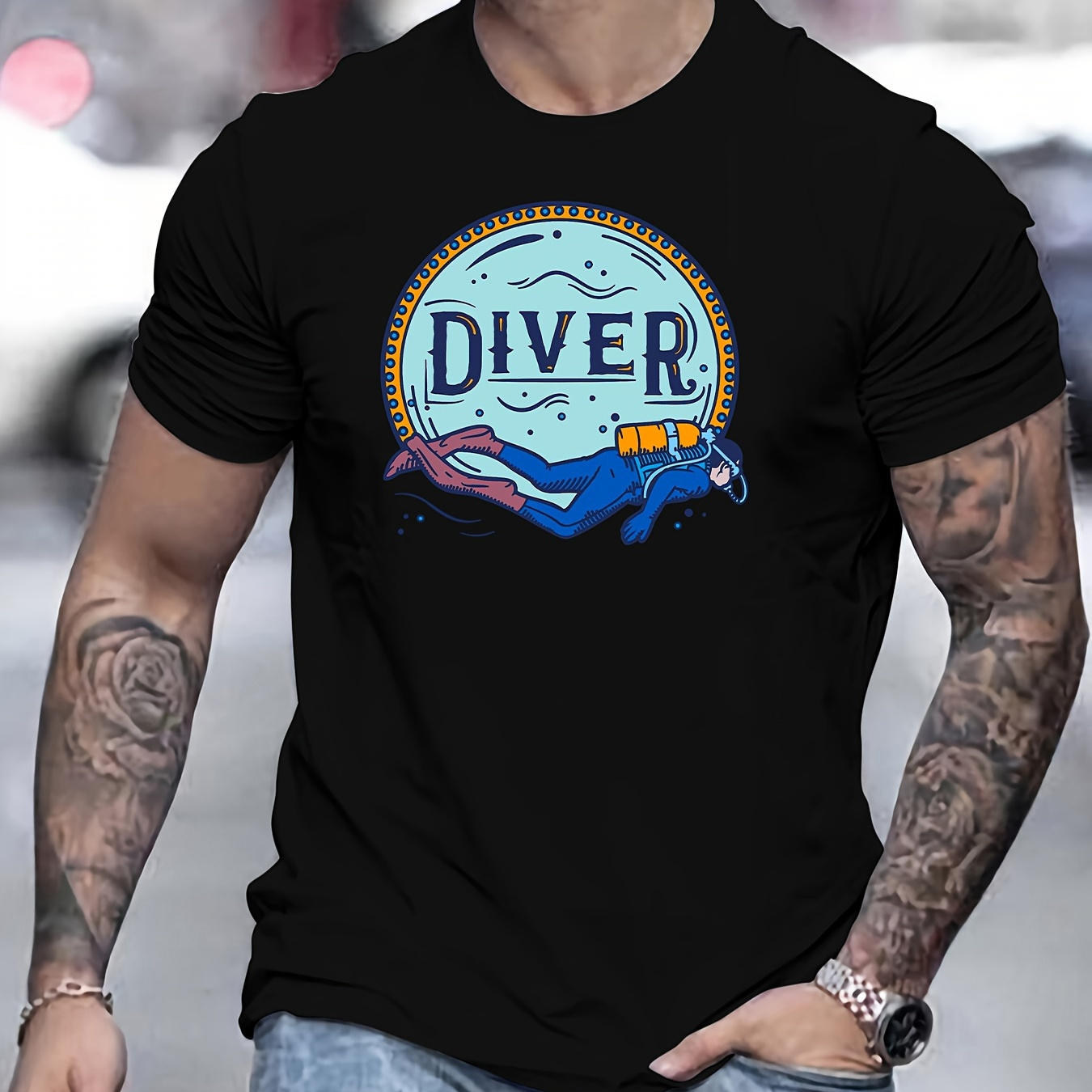 

Men's Diver Print T-shirt, Casual Short Sleeve Crew Neck Tee, Men's Clothing For Outdoor
