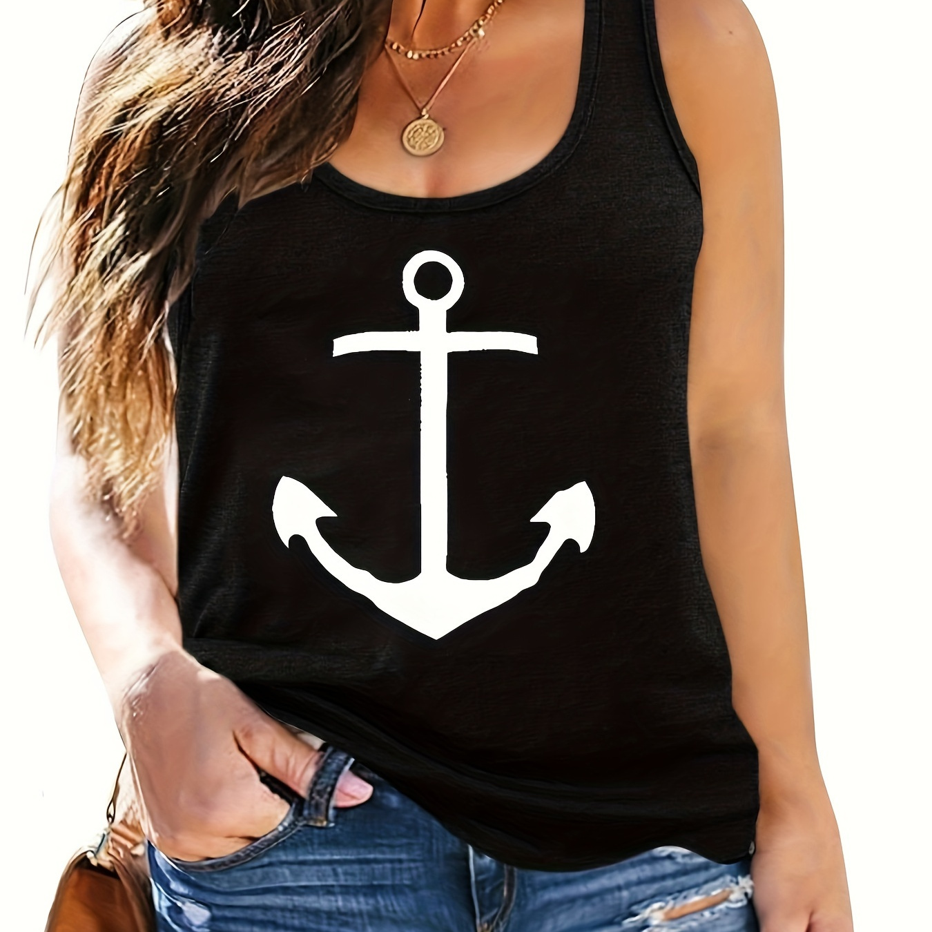 

Anchor Print Tank Top, Casual Sleeveless Tank Top For Summer, Women's Clothing