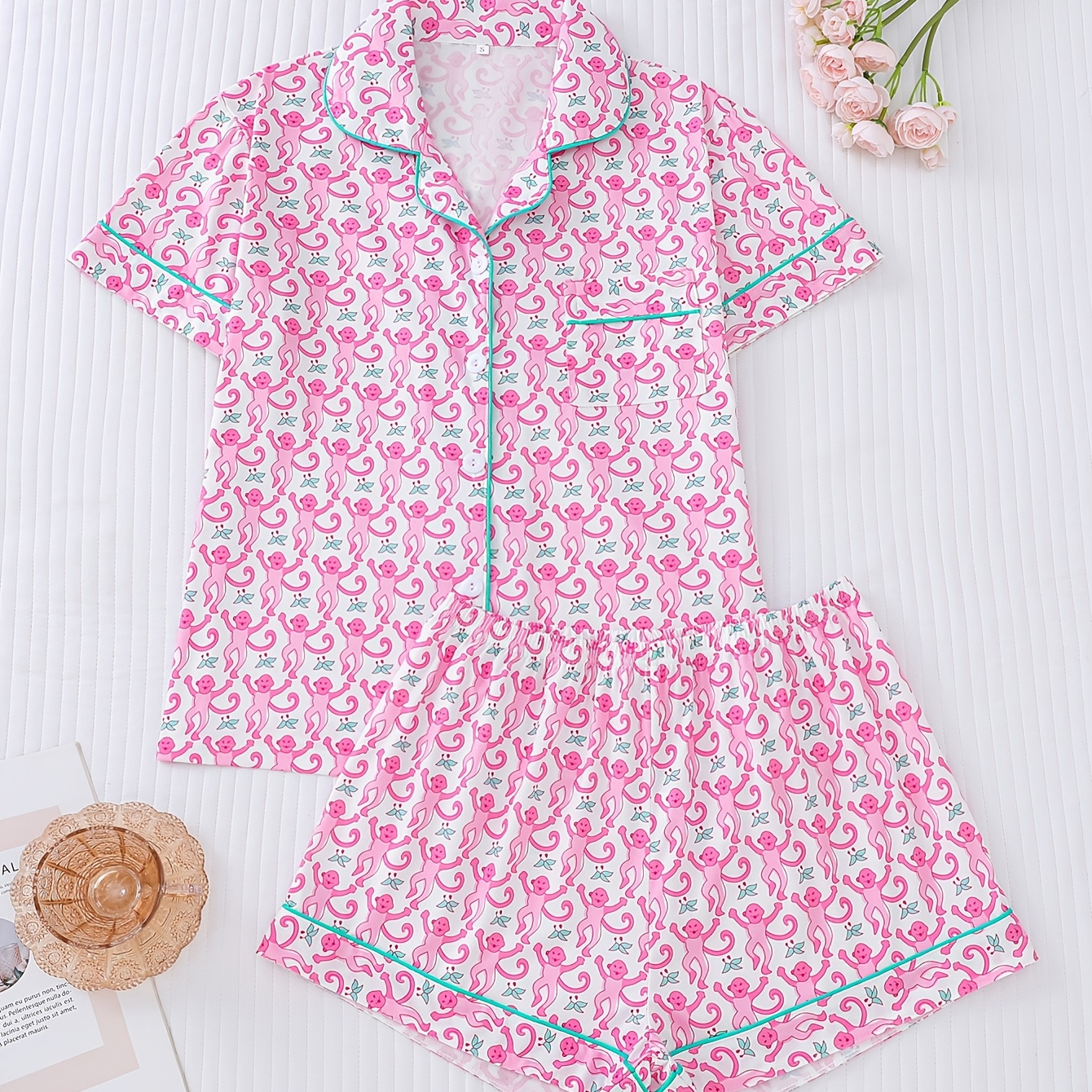 

[2pcs Pink Pajama Set] 2pcs Women's Pink Pajama Set, Casual Lapel Collar Short Sleeve Top And Waist Shorts, Knit Polyester Sleepwear And Loungewear Set