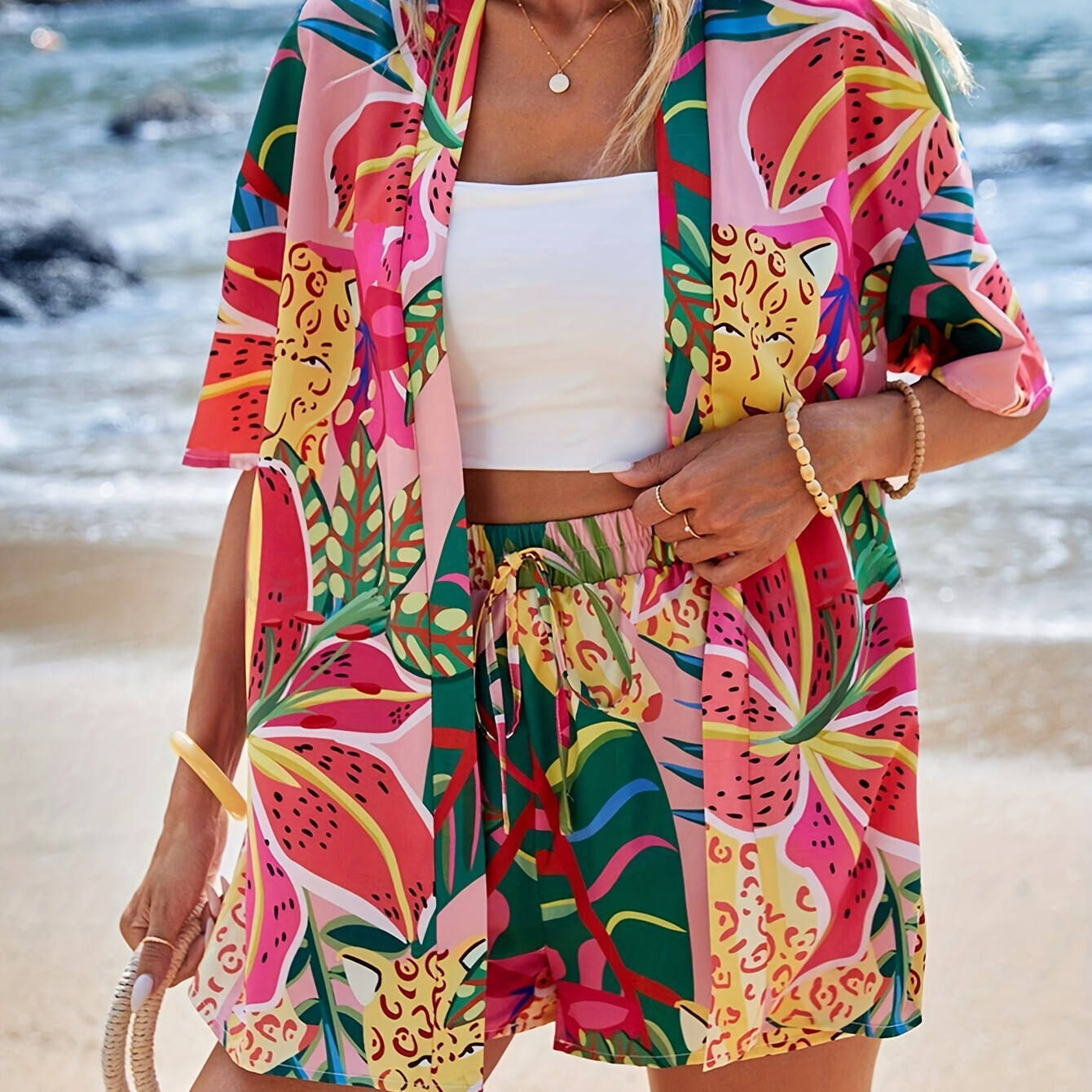 

Vacation Style Tropical Print Shorts Set, Open Front Short Sleeve Cover Up & Drawstring Loose Shorts, Women's Clothing