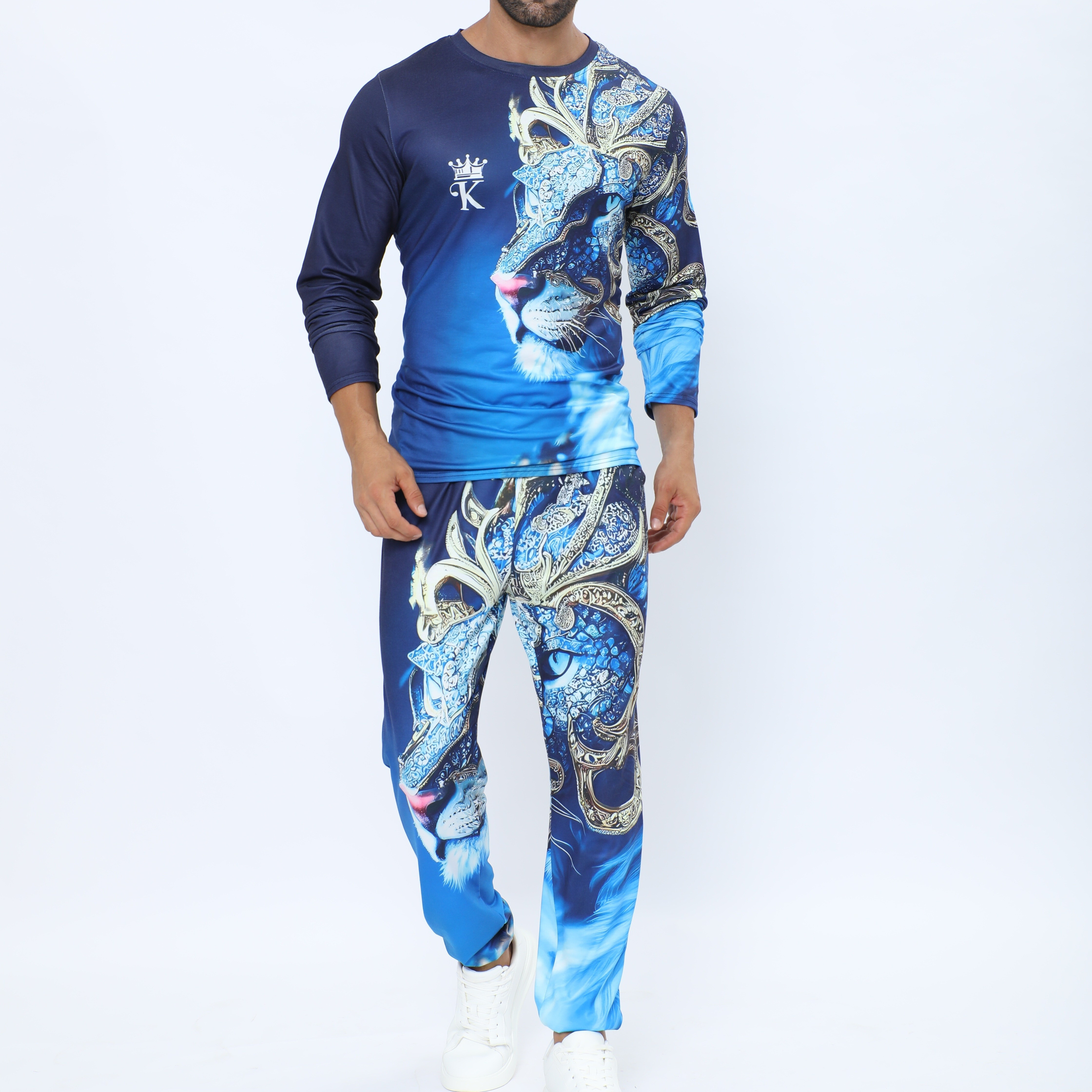 

2-piece Men's Vibrant Lion Print Summer Set - Comfortable Short Sleeve Crew Neck T-shirt & Matching Shorts - Casual & For Warm Weather