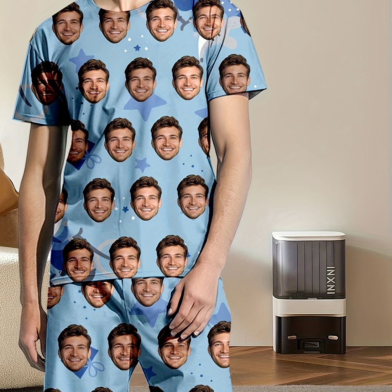 

Customizable 3d Printed Men's Summer Pajama Set With Personalized Photos - Relaxed Fit, Polyester , And Soft Knit Fabric