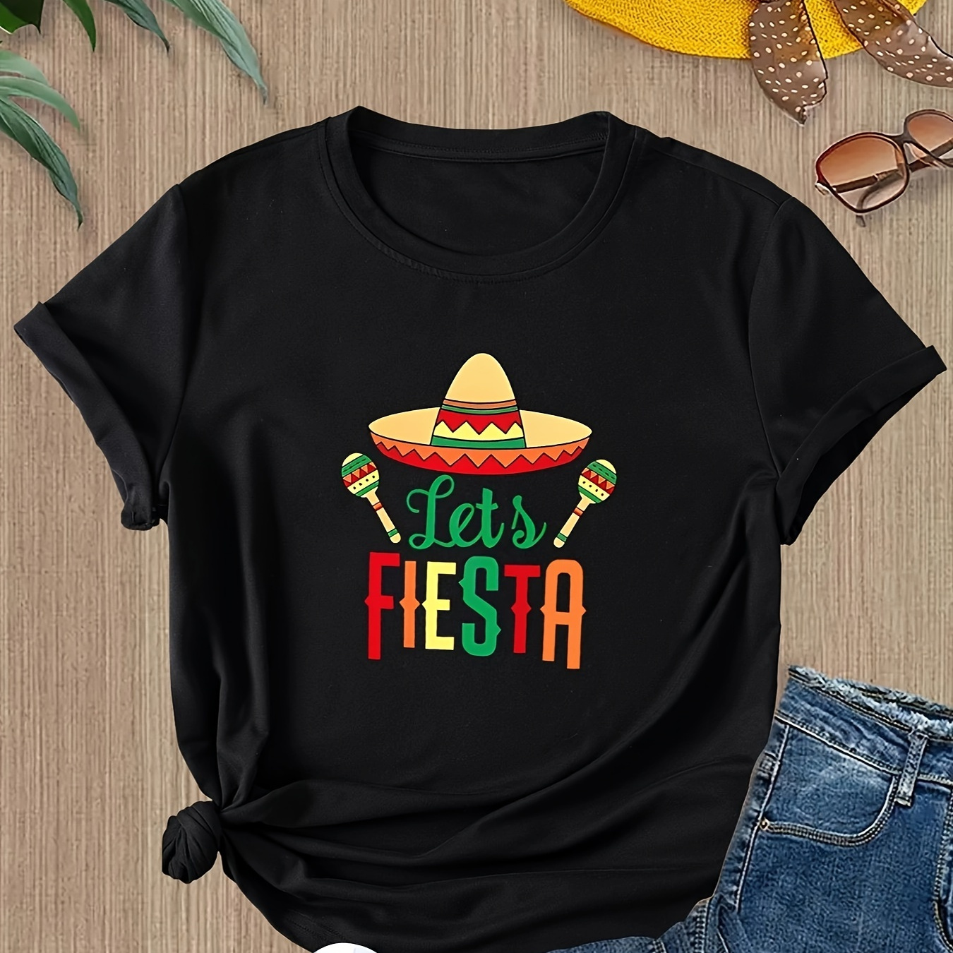 

Women's Fiesta-themed Polyester T-shirt, Regular Fit, Elegant Casual Style, Mexican-inspired Design With Fun Lettering Print, Short Sleeve Crew Neck, Summer Sporty Top