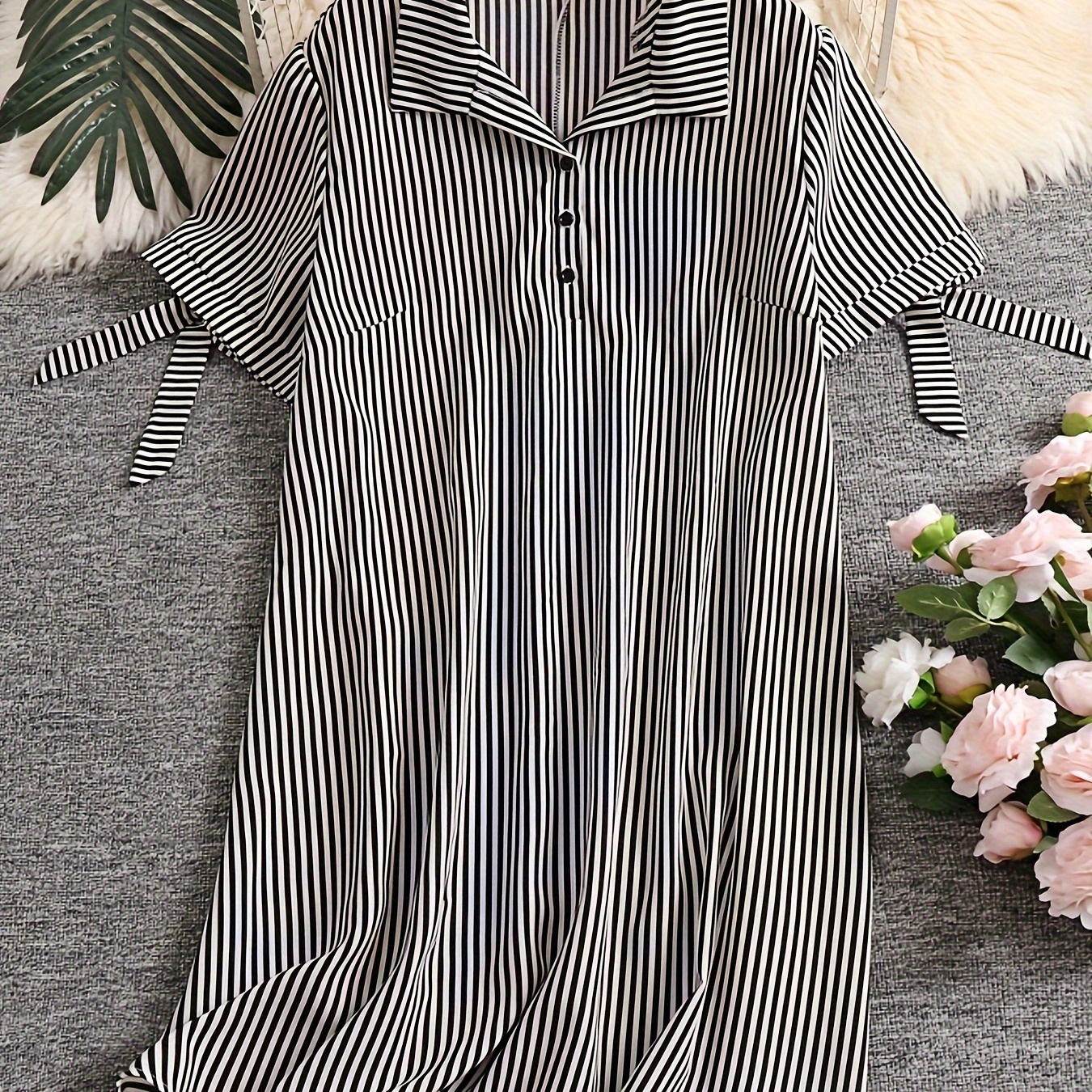 

Plus Size Stripe Print Loose Dress, Casual Collared Short Sleeve Dress For Spring & Summer, Women's Plus Size Clothing