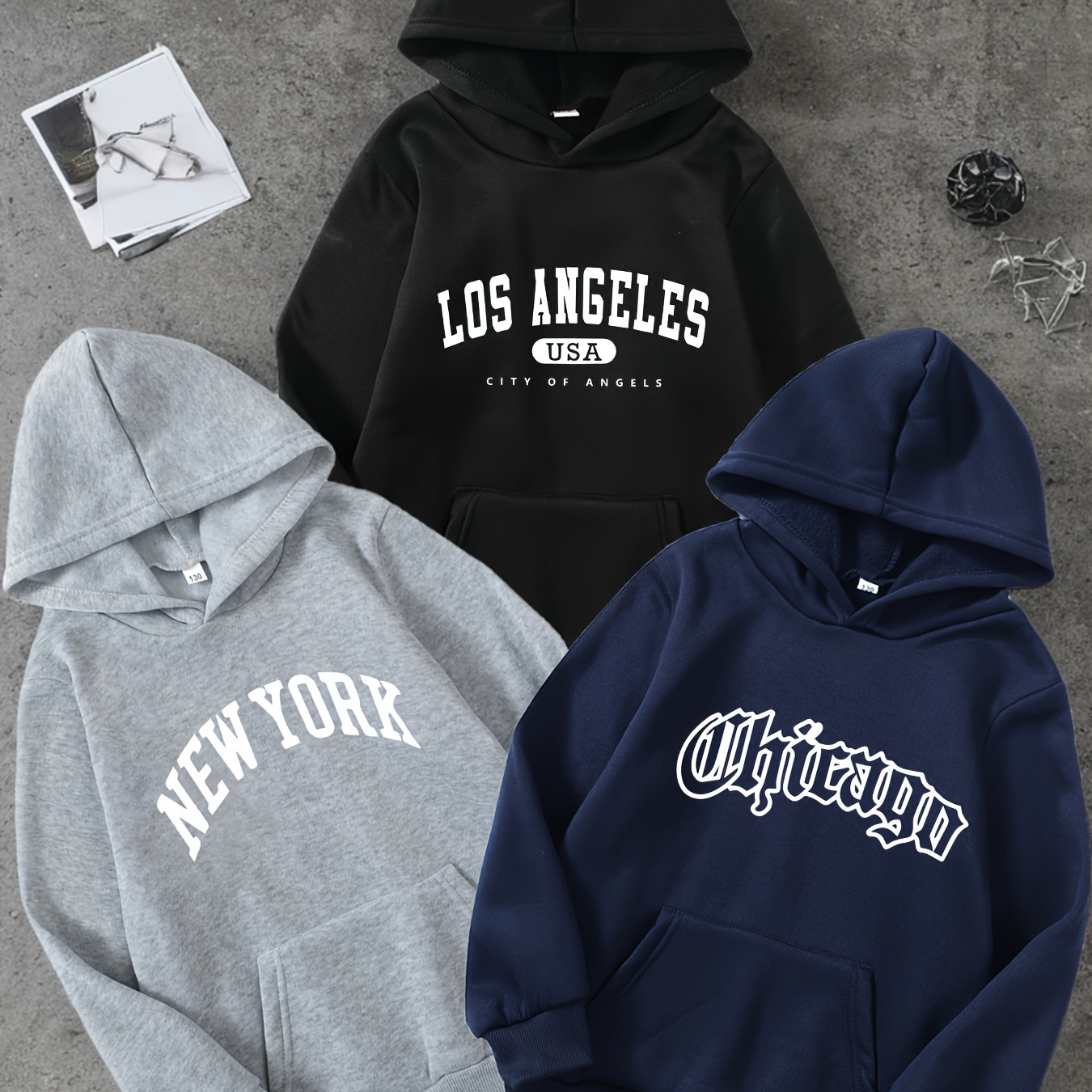 

3 sweats à capuche décontractés et tendance pour garçon pour l'automne - Imprimé LOS ANGELES + NEW YORK + CHICAGO - Haut à manches longues - Idéal comme cadeau