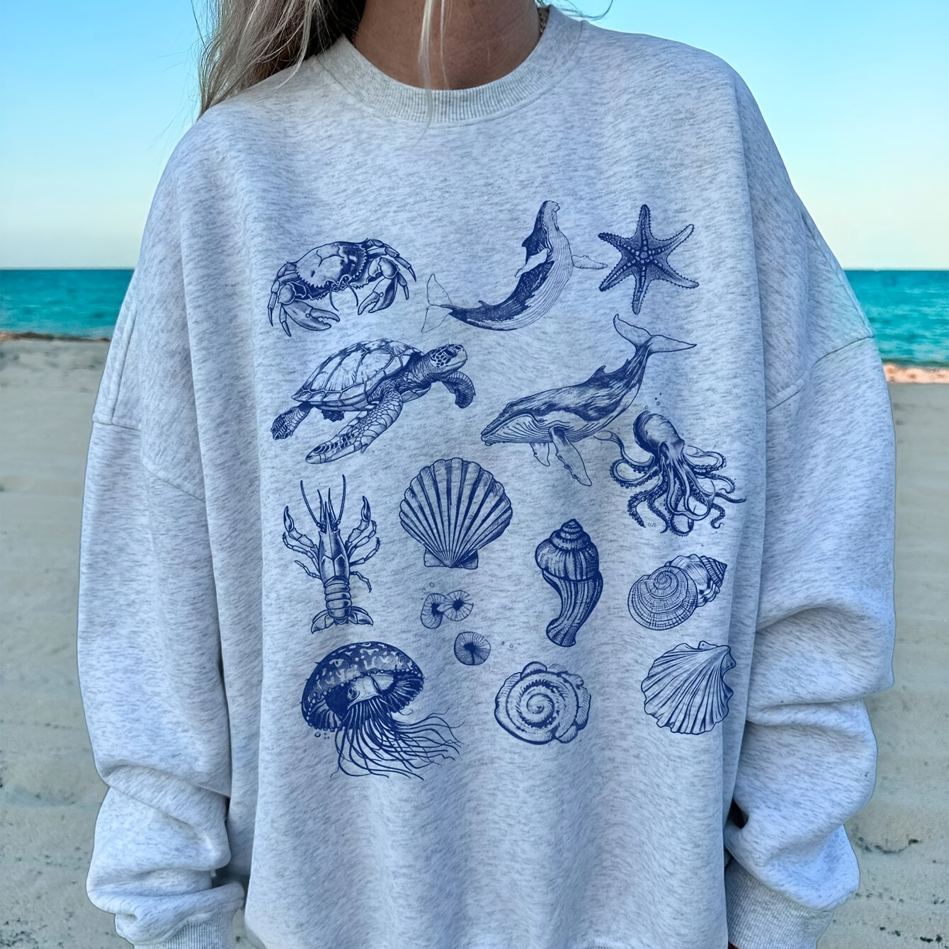 

Marine Life Print Sweatshirt, Crew Neck Casual Sweatshirt For Fall & Spring, Women's Clothing
