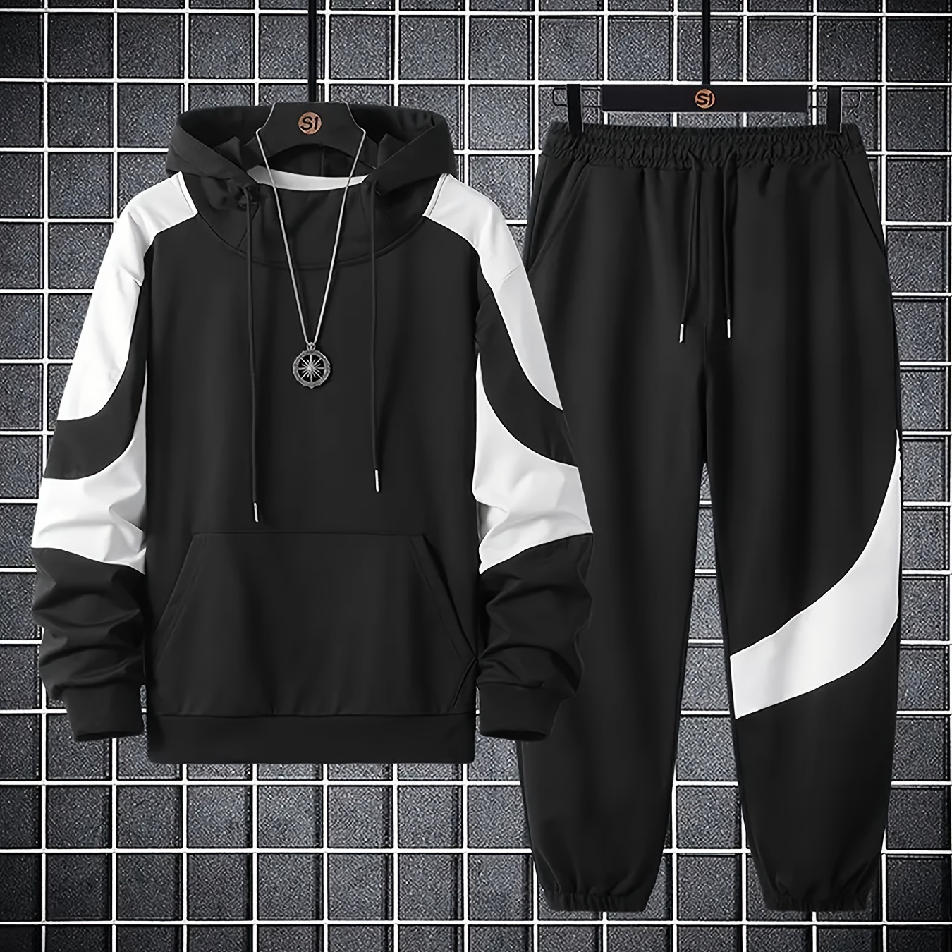 

Men's Casual Sportswear Set - Hoodie & Joggers, Stretchy Polyester , Machine Washable - Fall/spring