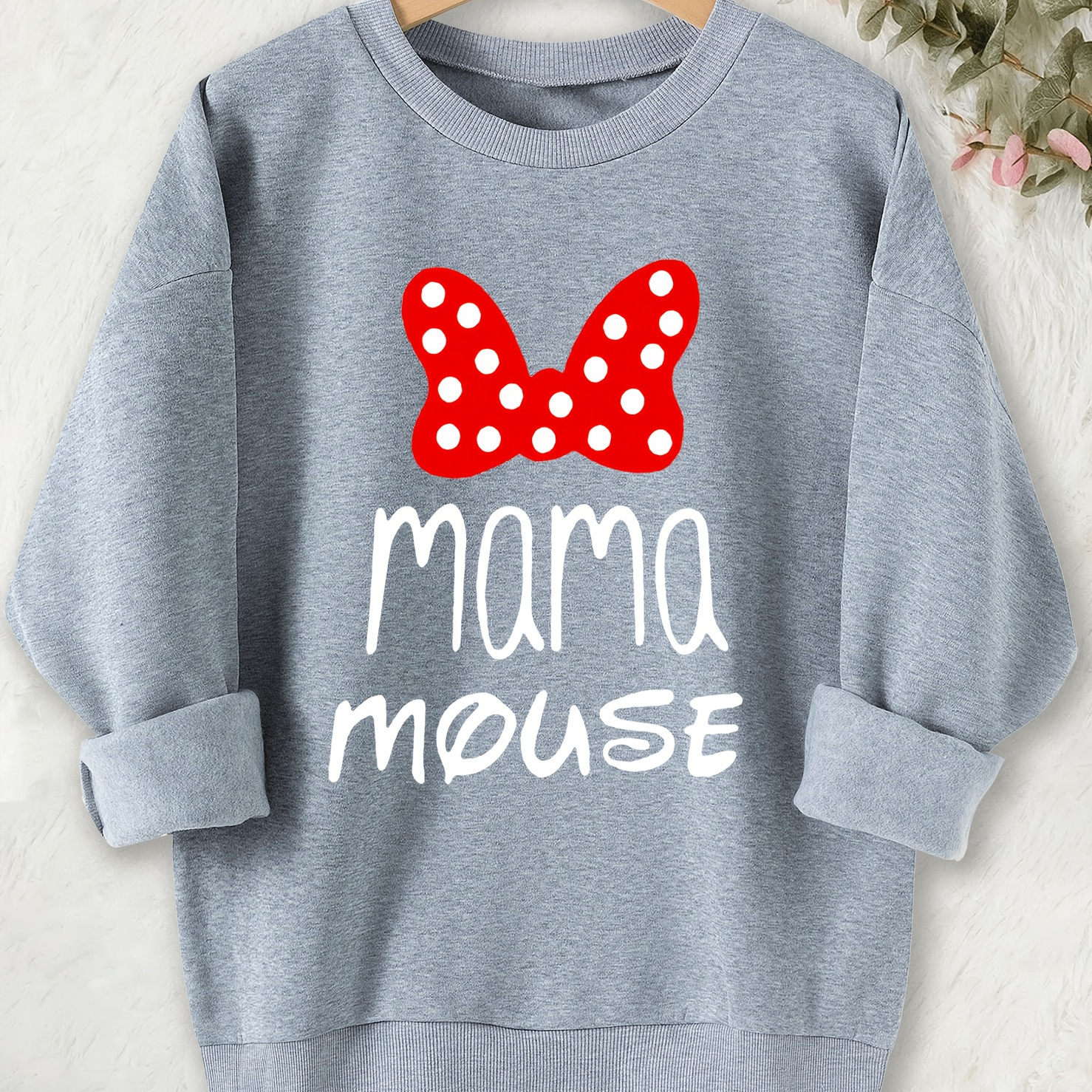 

Mama Mouse Print Sweatshirt For Women - Casual Long Sleeve Pullover Hoodie With Round Neck, Knit Fabric, Polyester, Regular Fit, Alphabet Pattern, For Fall/winter Season