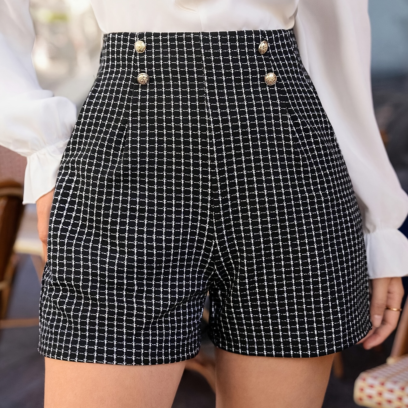 

Plaid Pattern Button Decor Shorts, Elegant High Waist Shorts For Spring & Fall, Women's Clothing