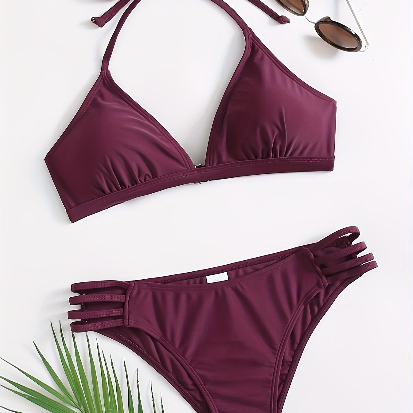 

Solid Color Sexy 2 Piece Set Bikini, Halter Neck Cut Out High Cut Swimsuits, Women's Swimwear & Clothing