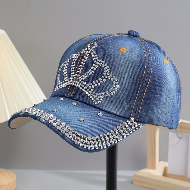 

Crown Pattern Rhinestone Baseball Cap, Washed Distressed Hip Hop Denim Hat Lightweight Y2k Sports Hat For Women