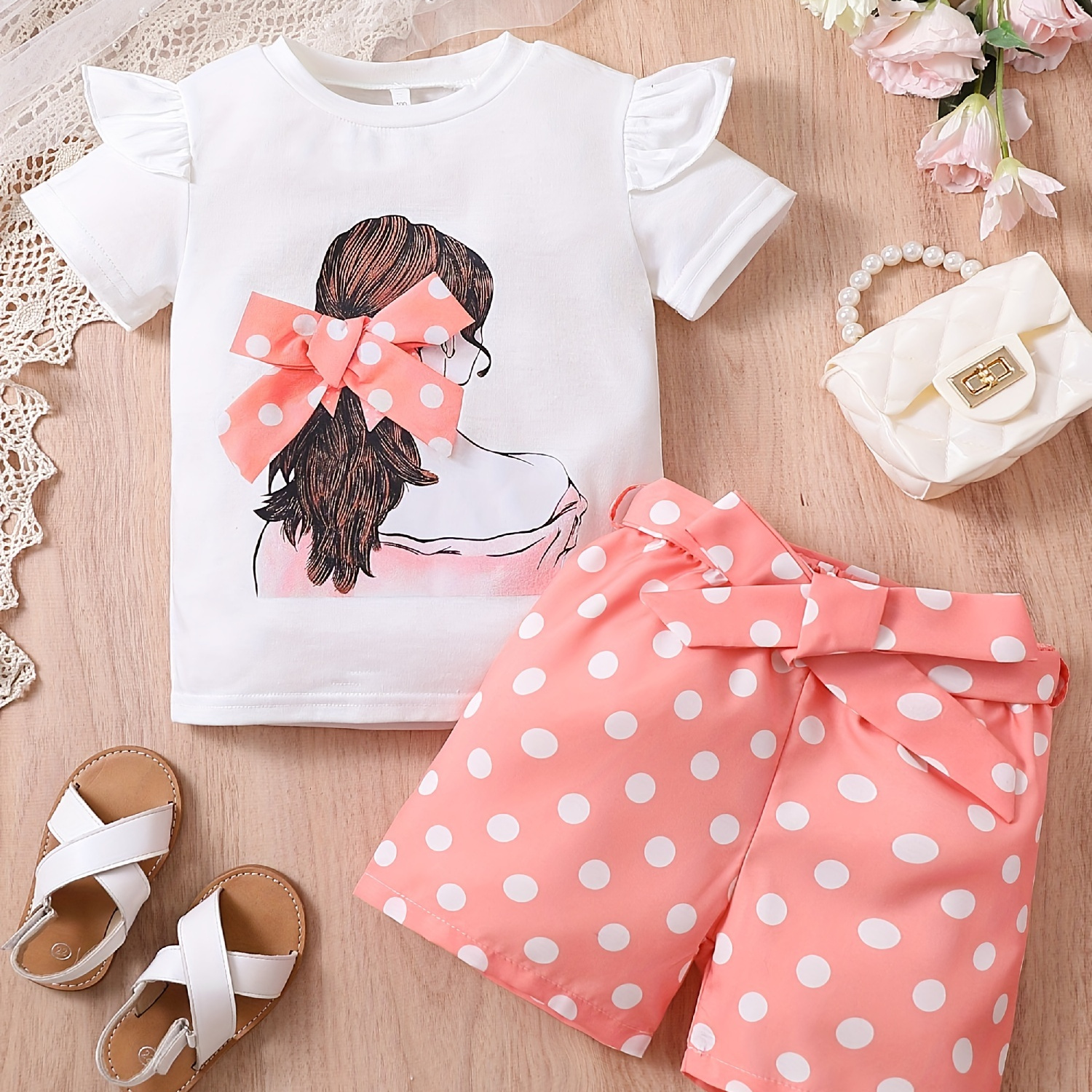

2pcs Toddler Girls Bow Figure Graphic Ruffle Trim T-shirt Tops & Polka Dot Graphic Belted Shorts Set Kids Summer Clothes