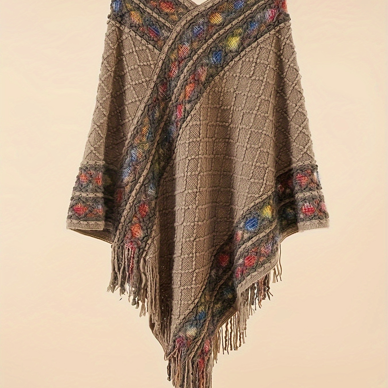 

Women's Boho Coat, Plus Size Colorblock Jacquard Fringe Trim Batwing Sleeve V Neck Asymmetric Hem Shawl Coat