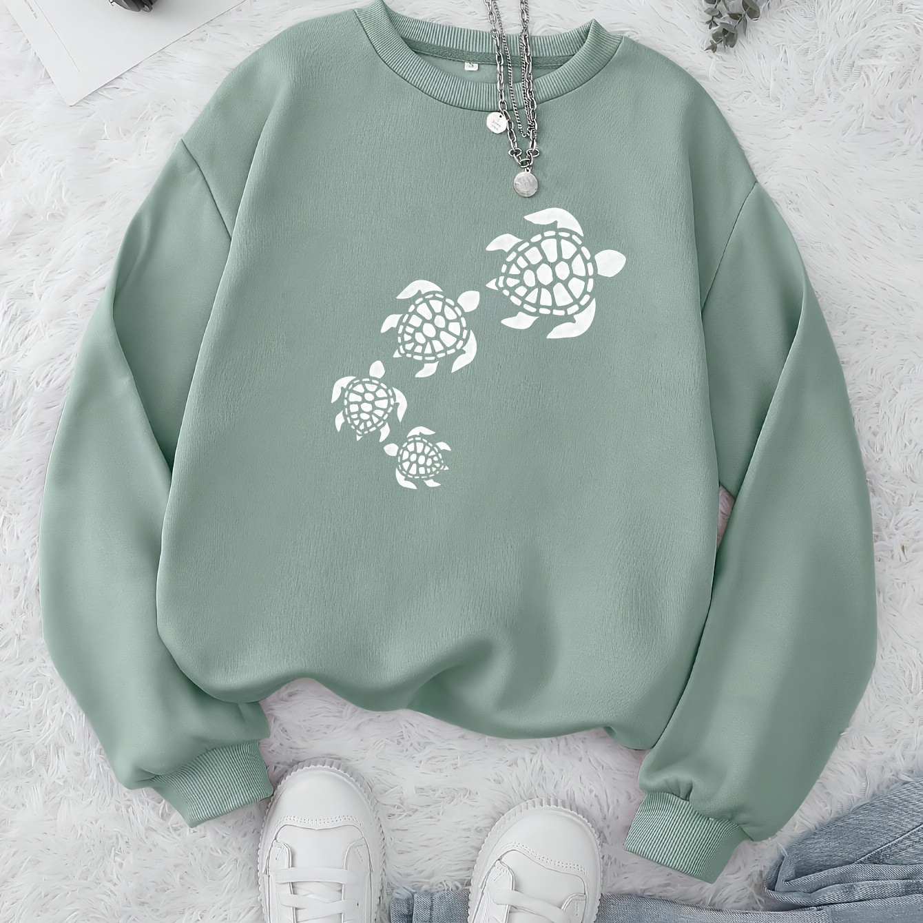 

Women's Casual Crew Neck Sweatshirt With Geometric Turtle Pattern - 100% Polyester Knit Fabric, Regular Length For Fall/winter