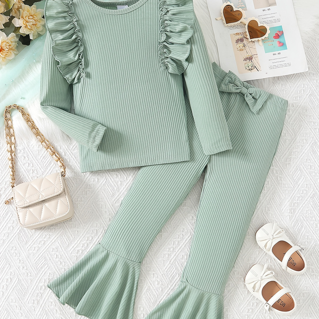 

Girl's Solid Color Casual Outfit 2pcs, Ruffled Top & Flared Pants Set, Kid's Clothes For Spring Fall