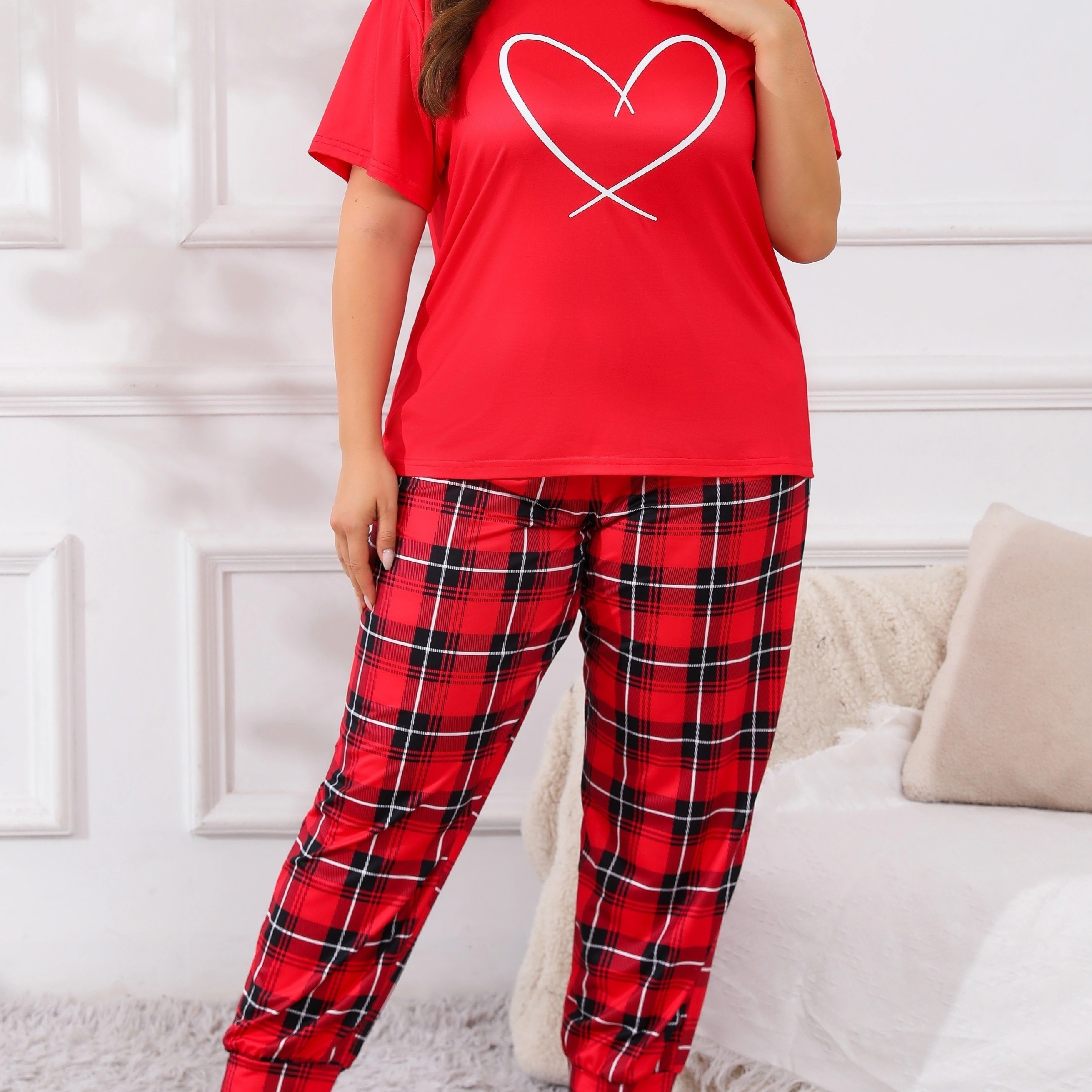 

1set Plus Size Heart Print Pajama Set, Polyester 95% Elastane 5% Knit Fabric, With Slight Stretch, Comfortable Loungewear For Spring/summer/fall - Adult Pajama Sets