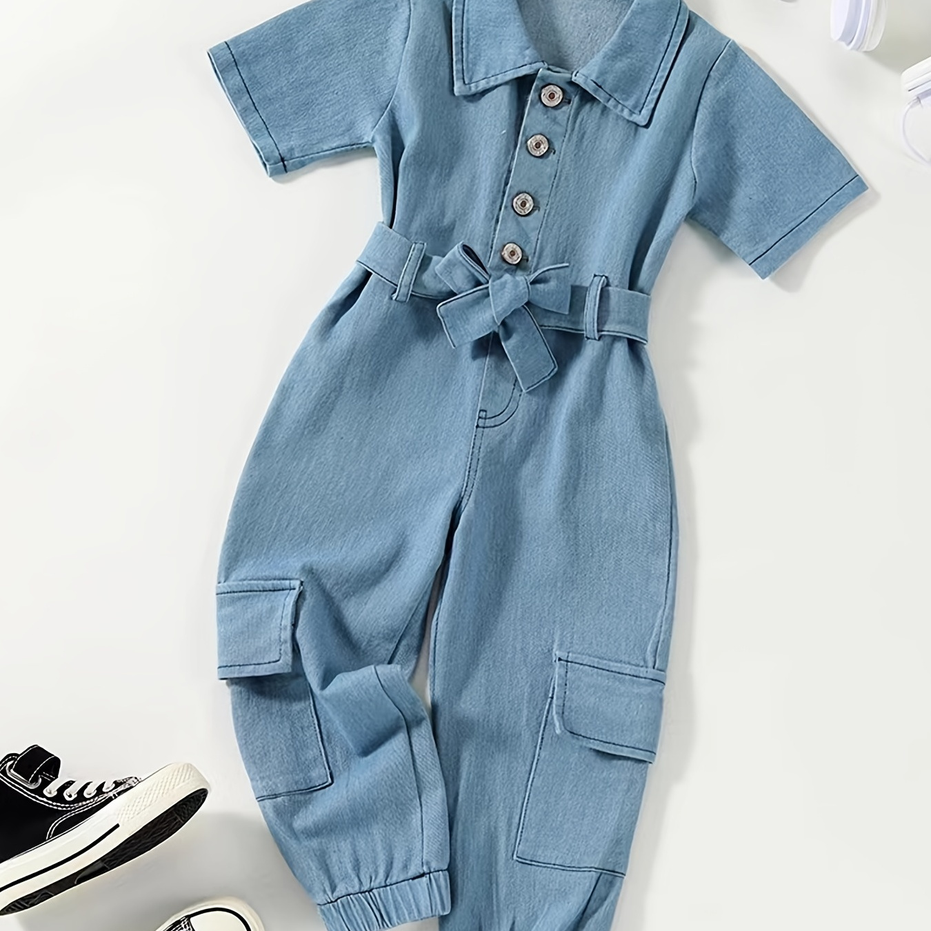 

Girls Casual Short Sleeve Denim Jumpsuit Romper With Belt Clothes