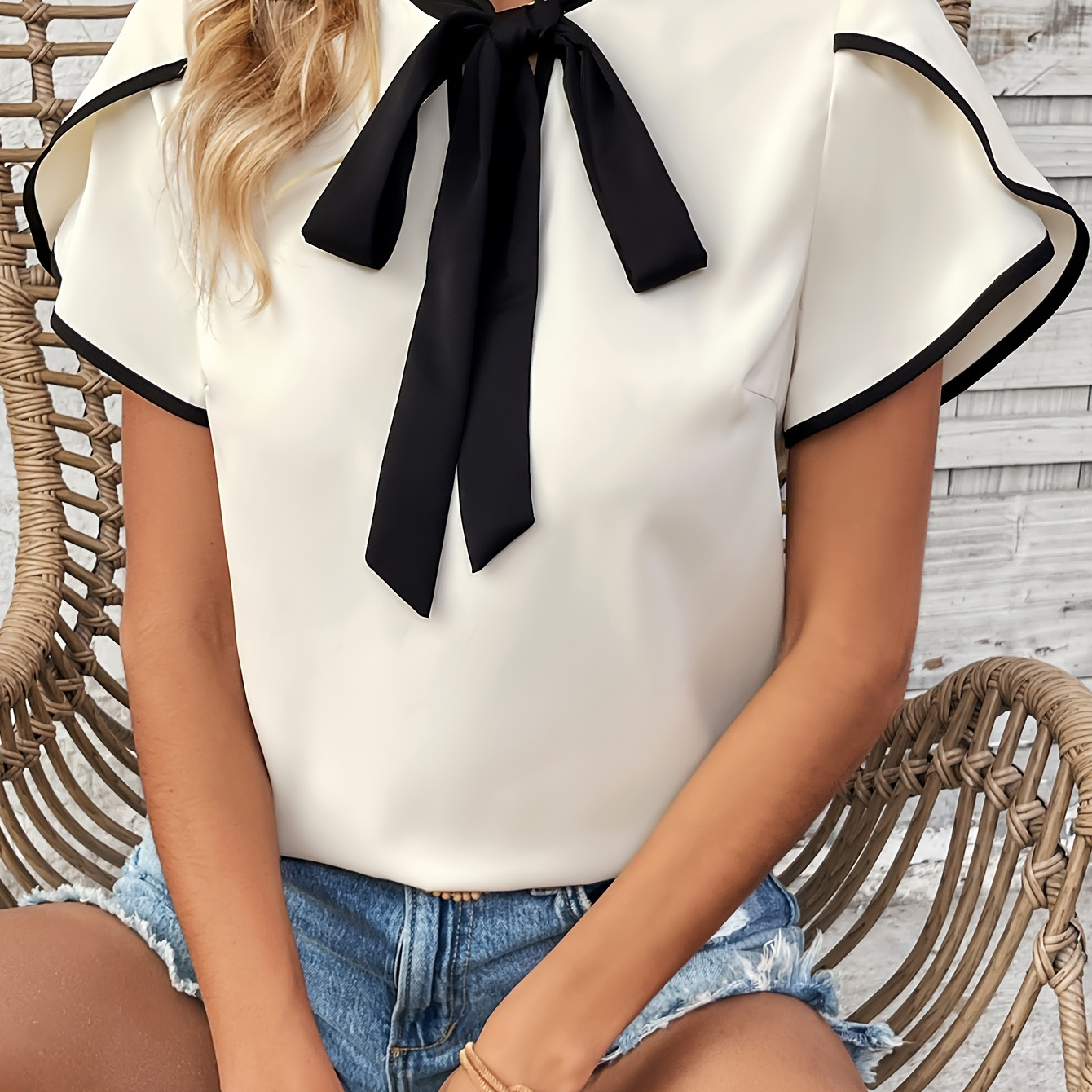 

Contrast Binding Tie Front Blouse, Elegant Petal Sleeve Top For Spring & Summer, Women's Clothing