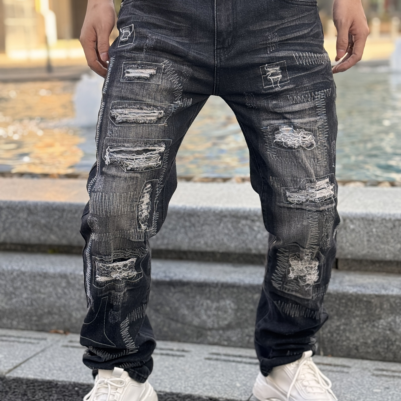 

1pc Men' Style Ripped Denim, Cotton , Embroidered Detail, Straight-leg, Mid-rise, 3d Cat Beard Crease, Washed Denim, Casual Skateboard-, Suitable For Teens And Adults