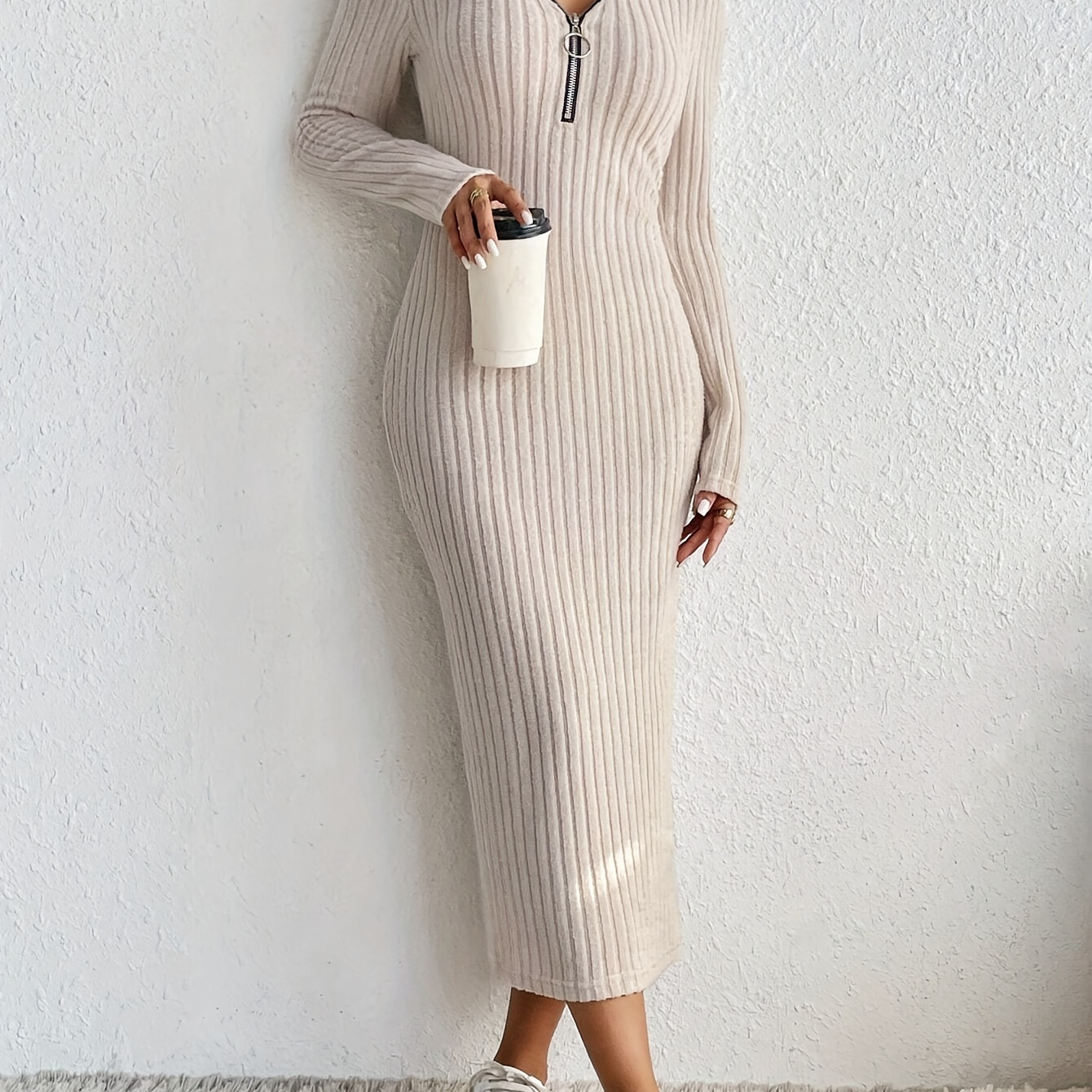 

Ribbed Knit Zip-up V Neck Dress, Chic Solid Color Long Sleeve Slim Dress, Women's Clothing