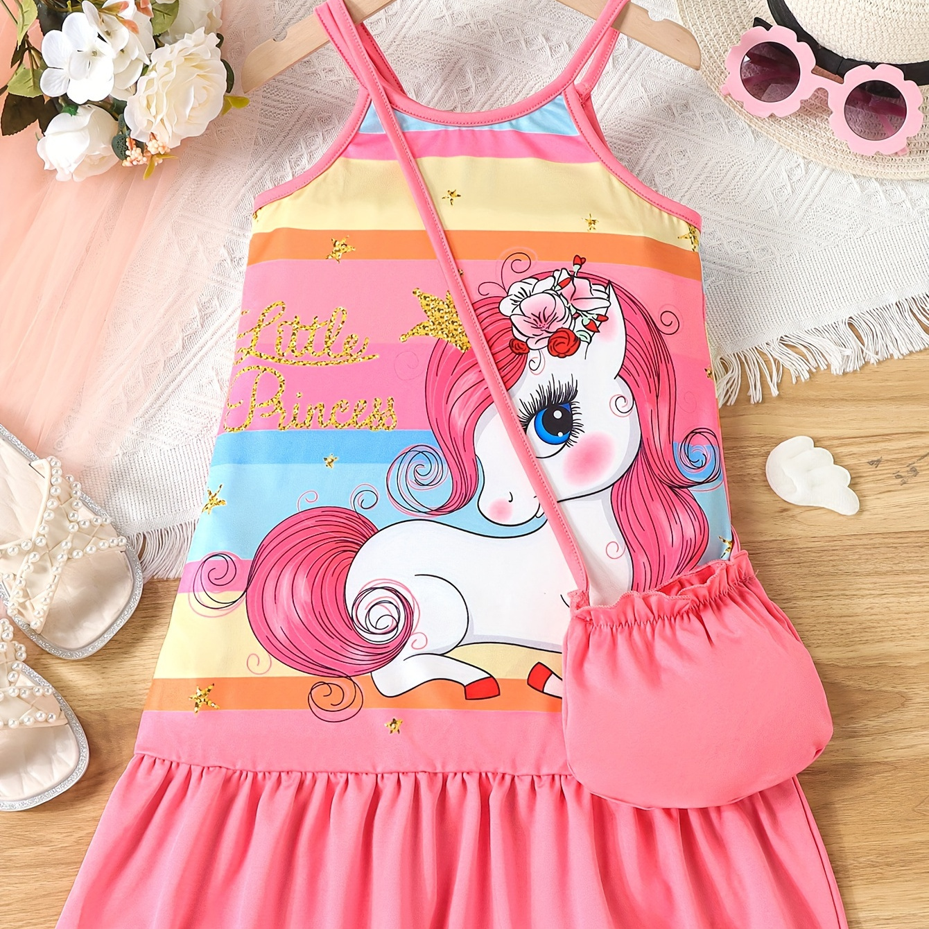

Sweet Girls Rainbow Stripped Cute Unicorn Graphic Cami Dress With Bag For Summer Party