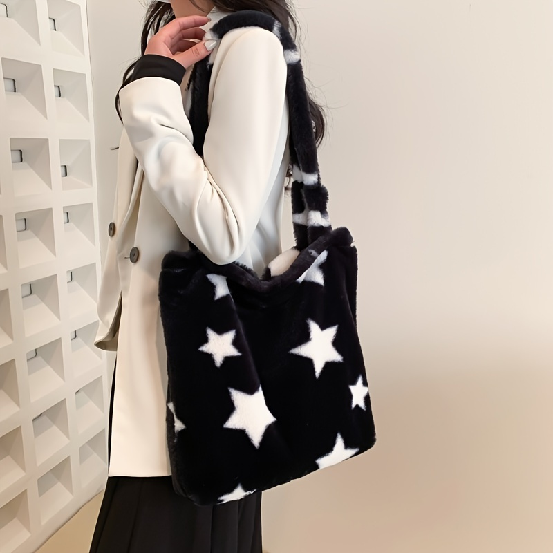 Star Pattern Plush Tote Bag, Trendy Faux Fur Shoulder Bag, Women's Large  Capacity Handbag