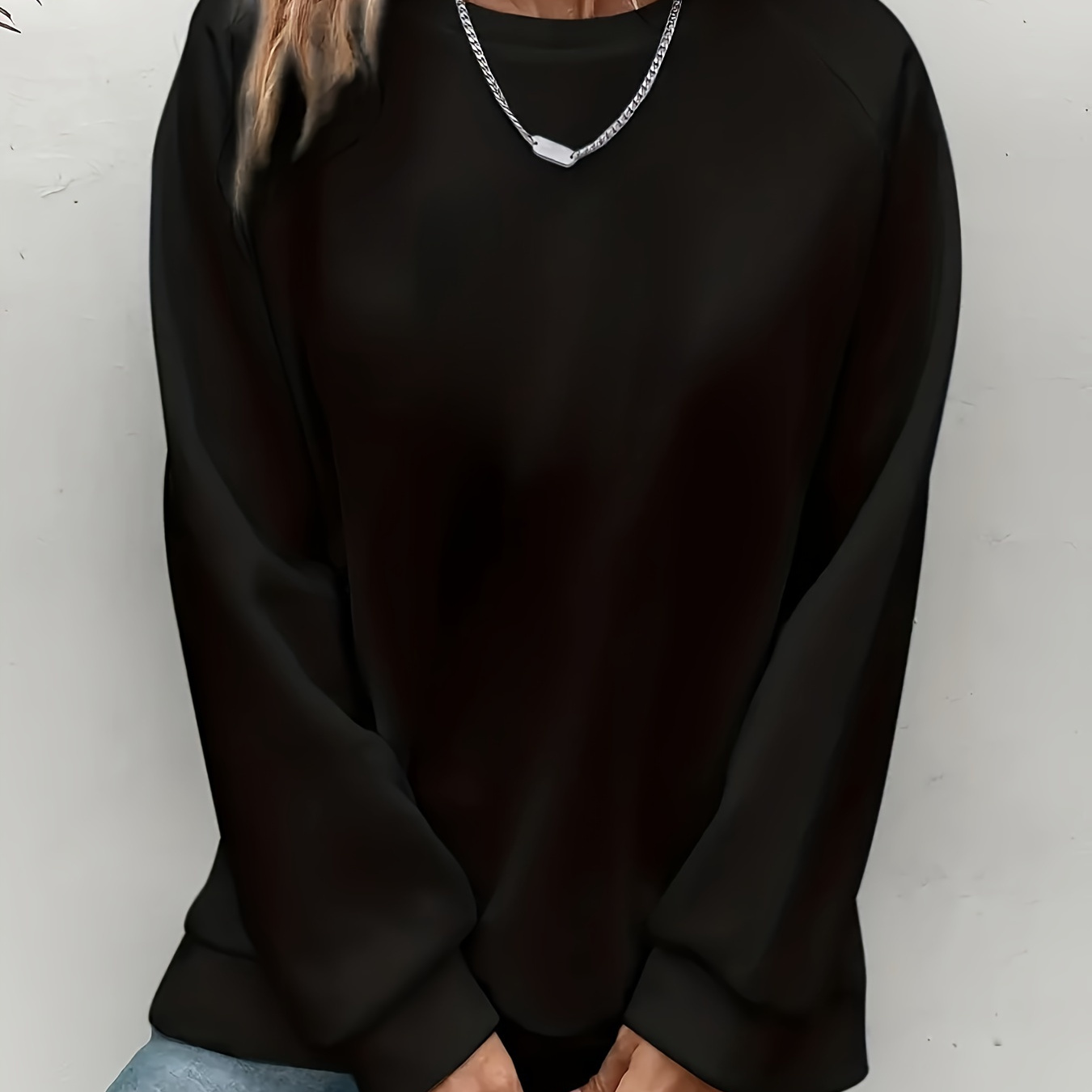 

Ladies Casual Crew Neck Long Sleeve Solid Color Pullover Sweatshirt