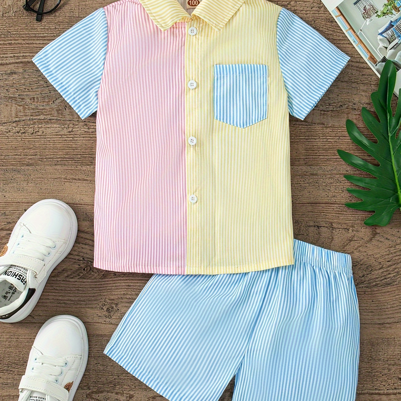 

2pcs Boys Striped Lapel & Set, Summer Boys Clothing For &