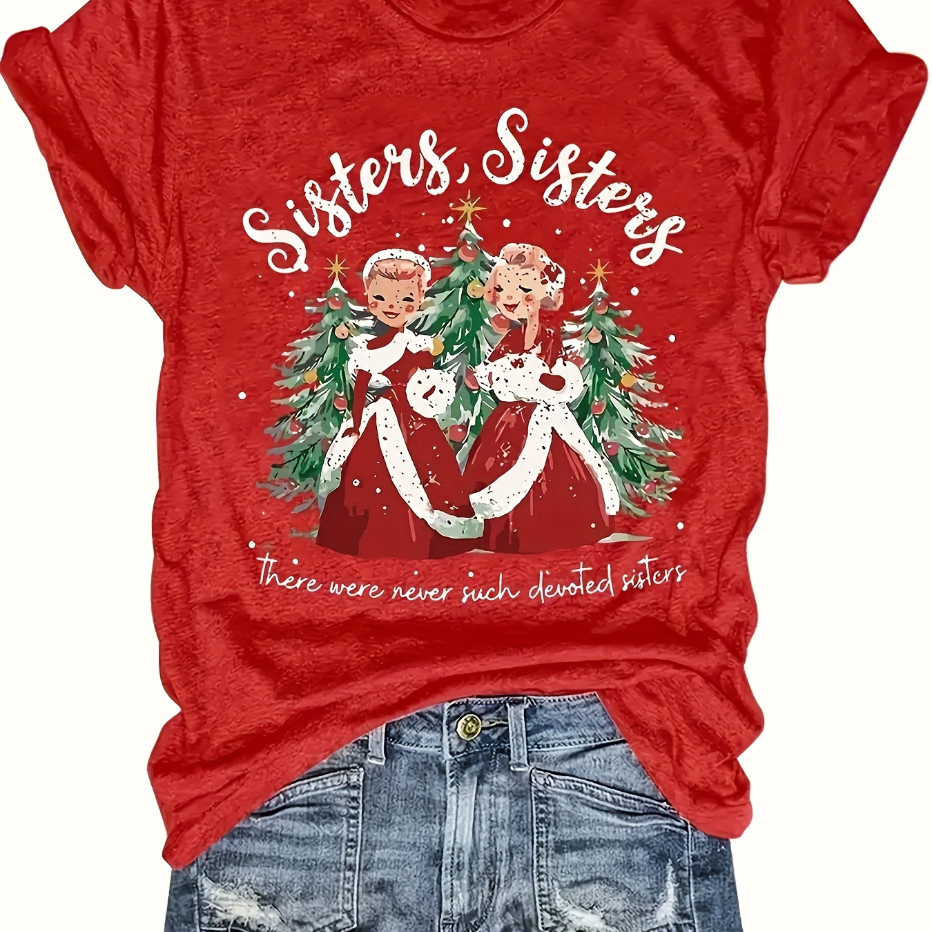 

1pc Women's Christmas Sisters Graphic Tee - Casual Crew Neck Short Sleeve T-shirt - Cotton Knit Fabric - All Season Fit - Holiday Themed