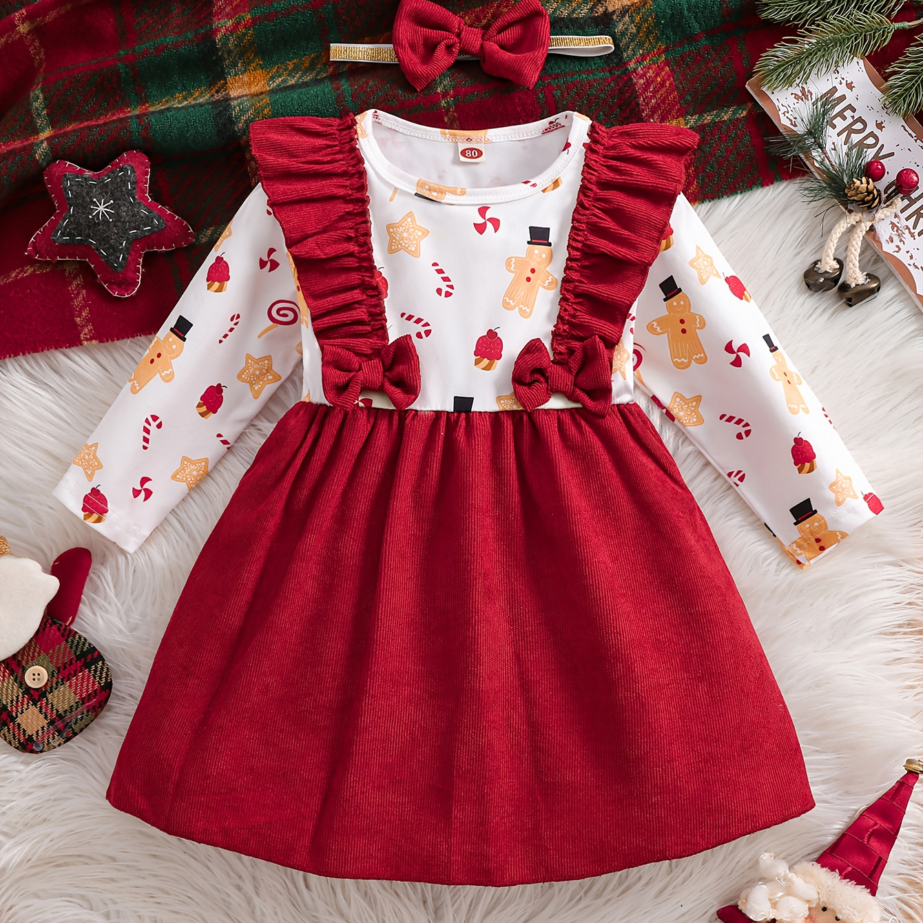 

2024 Christmas Dress For Baby Girls: Adorable Gingerbread Man Pattern, Long Sleeves, Red Bow, And Skirt