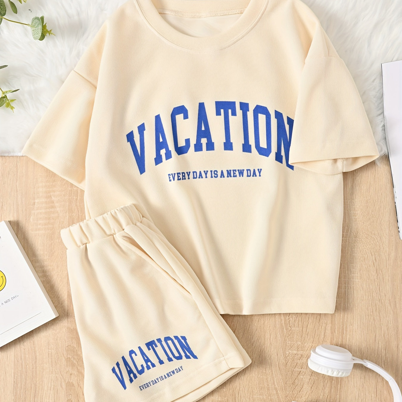 

Girls Casual Loose Short Sleeve And Shorts Set, "vacation" Letter Print Round Neck Tee With Matching Drawstring Shorts, Sporty Outfit For Girls