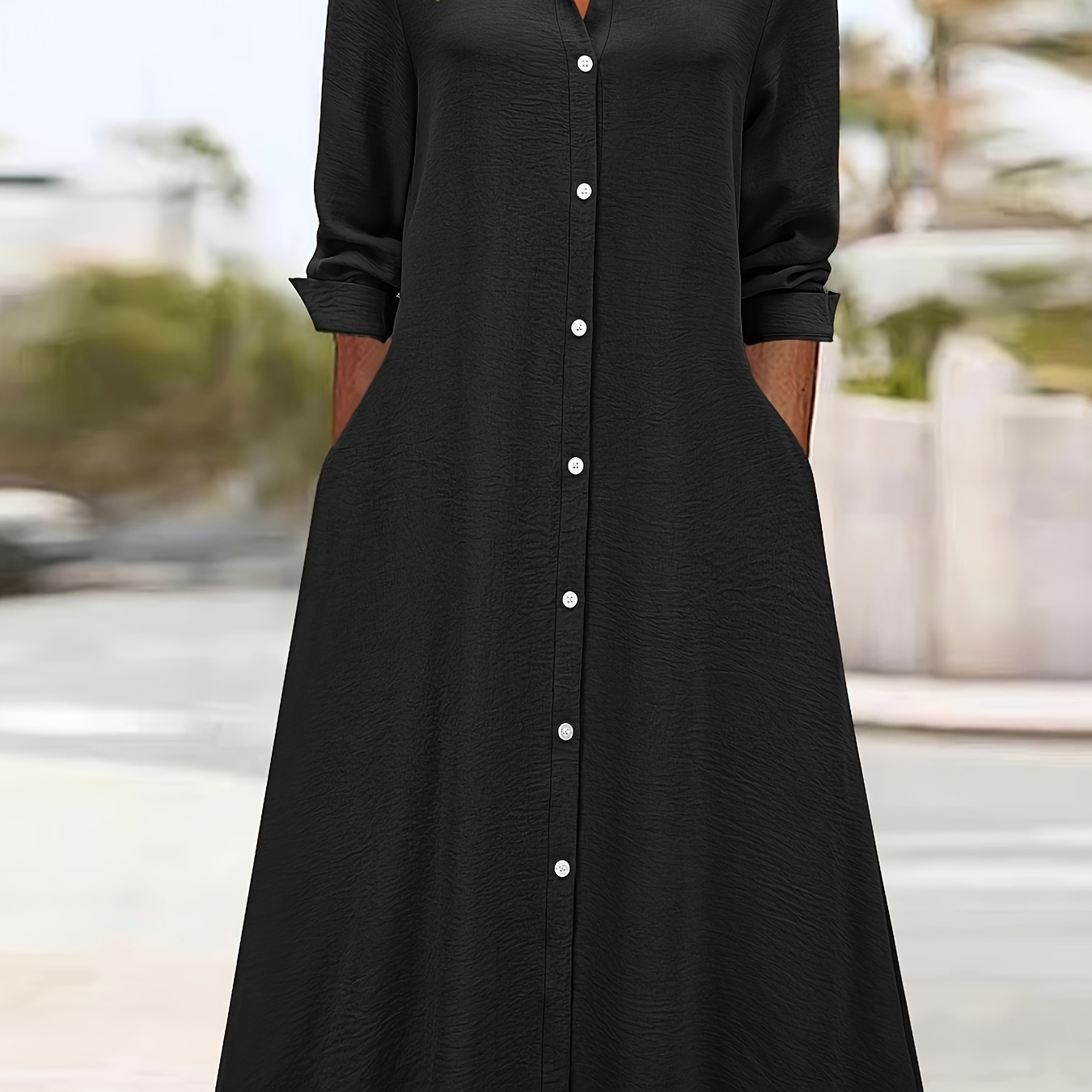 

Plain Color Button Front Shirt Dress, Casual Long Sleeve A-line Midi Dress For Spring & Fall, Women's Clothing