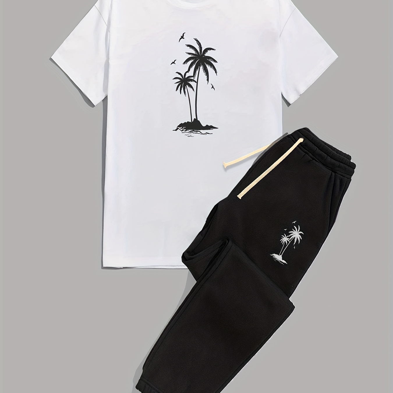 

Coconut Tree Print Men's 2pcs, Casual T-shirt And Loose Drawstring Jogger Pants
