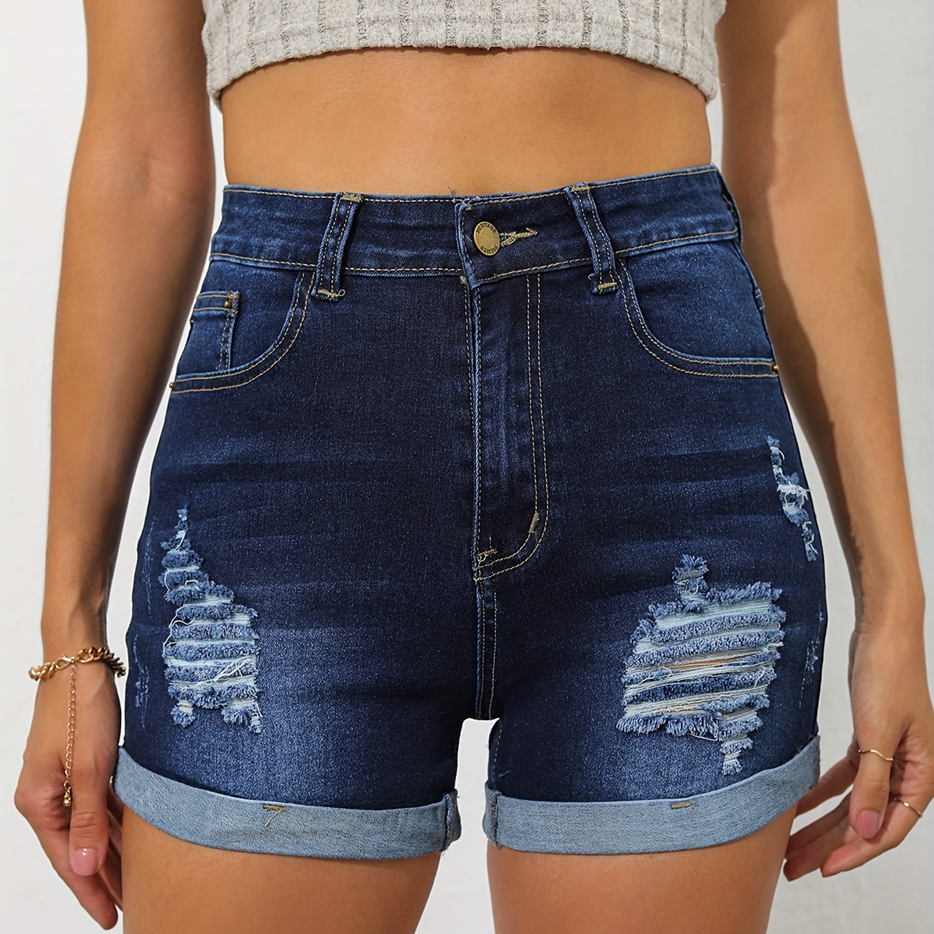 

Ripped Roll Hem Dark Wash Shorts, Zipper Button Closure Slash Pocket Deep Blue Denim Panst, Stretchy Casual Pants To Wear Every Day, Women's Denim Jeans & Clothing