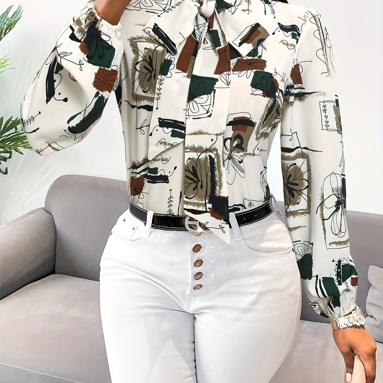 

Floral Print Tie Neck Blouse, Casual Knot Front Long Sleeve Blouse, Women's Clothing