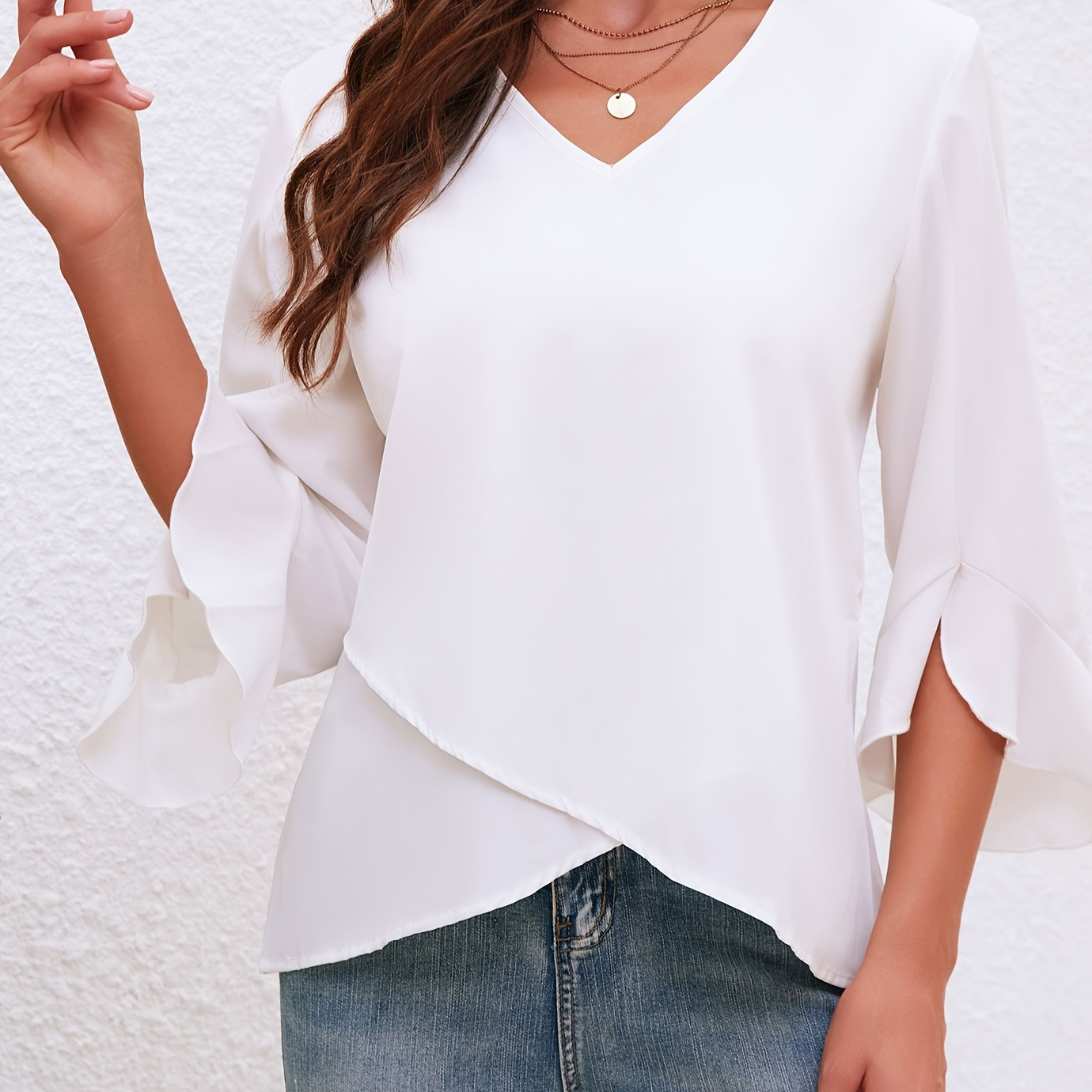 

Elegant Women's V-neck Blouse With -quarter Sleeves - Casual Double Layer, Ruffle Hem, Polyester Top, Machine Washable For Spring/summer