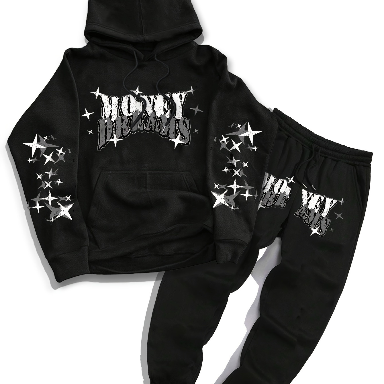 

Men's Hoodie With Trendy Star And Letter Print, Hoodie And Drawstring Sports Pants Set, 2pcs Set