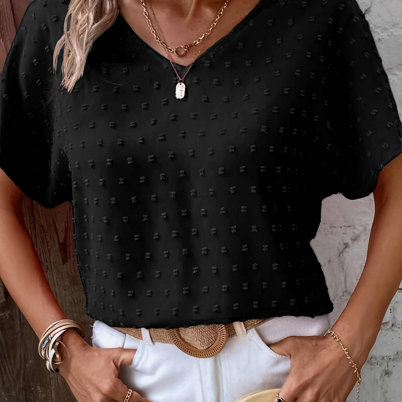 

Elegant Polyester V-neck Blouse For Women, Solid Color Summer Shirt, Woven 100% Polyester, With Batwing Sleeves And Swiss Dot Detail