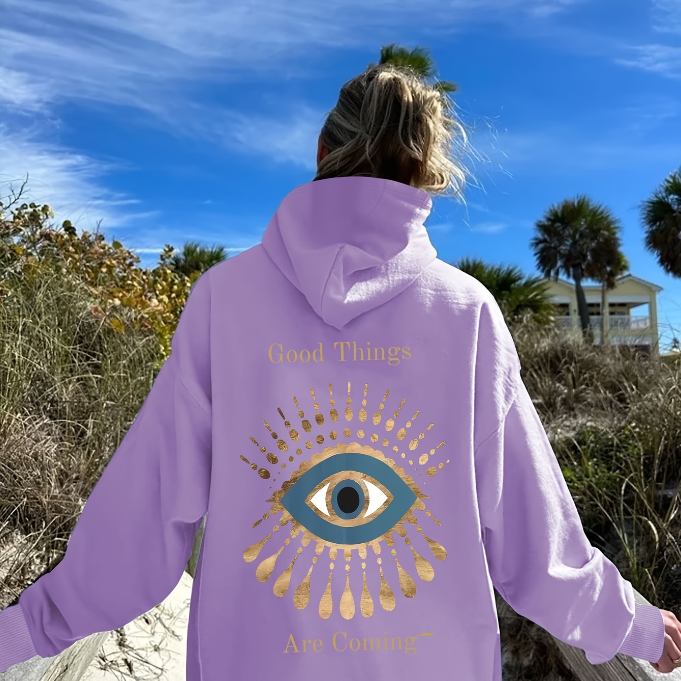 

Plus Size Eye Print Hoodie, Casual Kangaroo Pocket Drawstring Long Sleeve Hooded Sweatshirt, Women's Plus Size Clothing