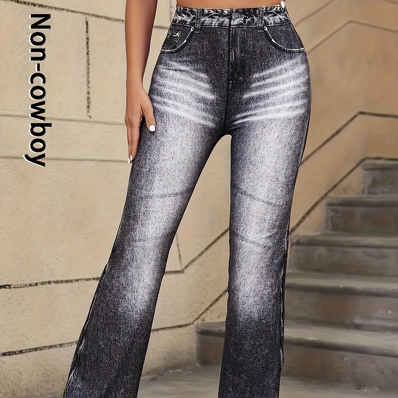 

Women's Printed Flare Denim, 95% Polyester 5% Elastane, Skinny Fit Denim-like Bell Bottoms, Knit Fabric Weave, Adult Casual Pants