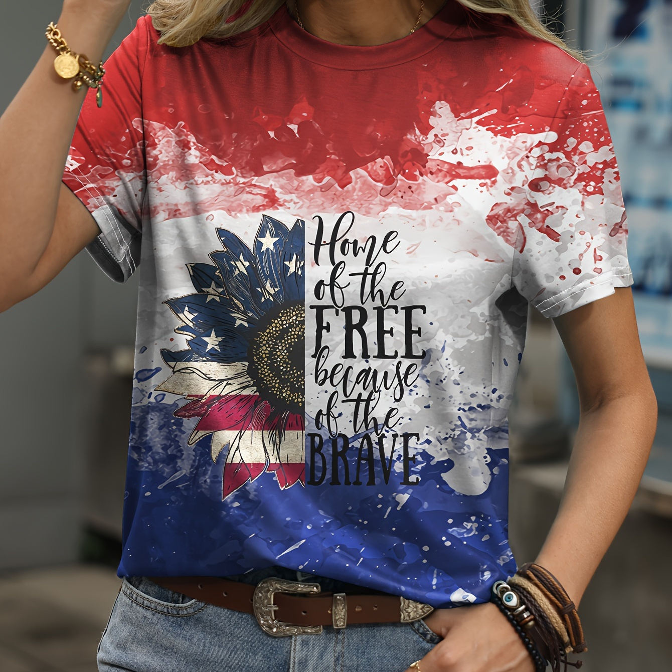 

Plus Size Independence Day Casual T-shirt, Women's Plus Colorblock Flag Pattern Sunflower & Slogan Print Short Sleeve Round Neck Slight Stretch T-shirt